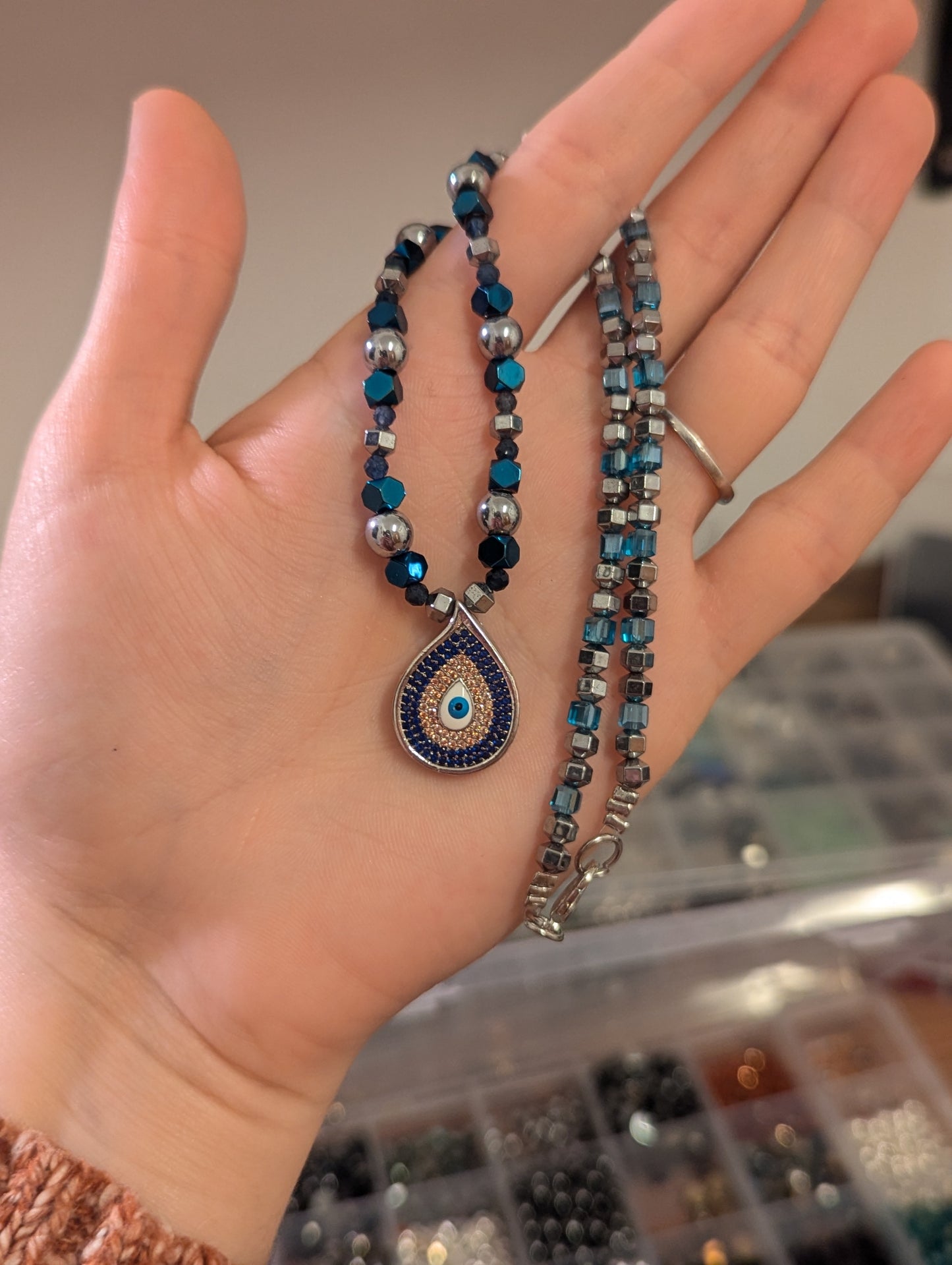 Blue Zirconia Evil Eye, Sapphire, Light Blue Silver Beaded Necklace and fitting Evil Eye Bracelet