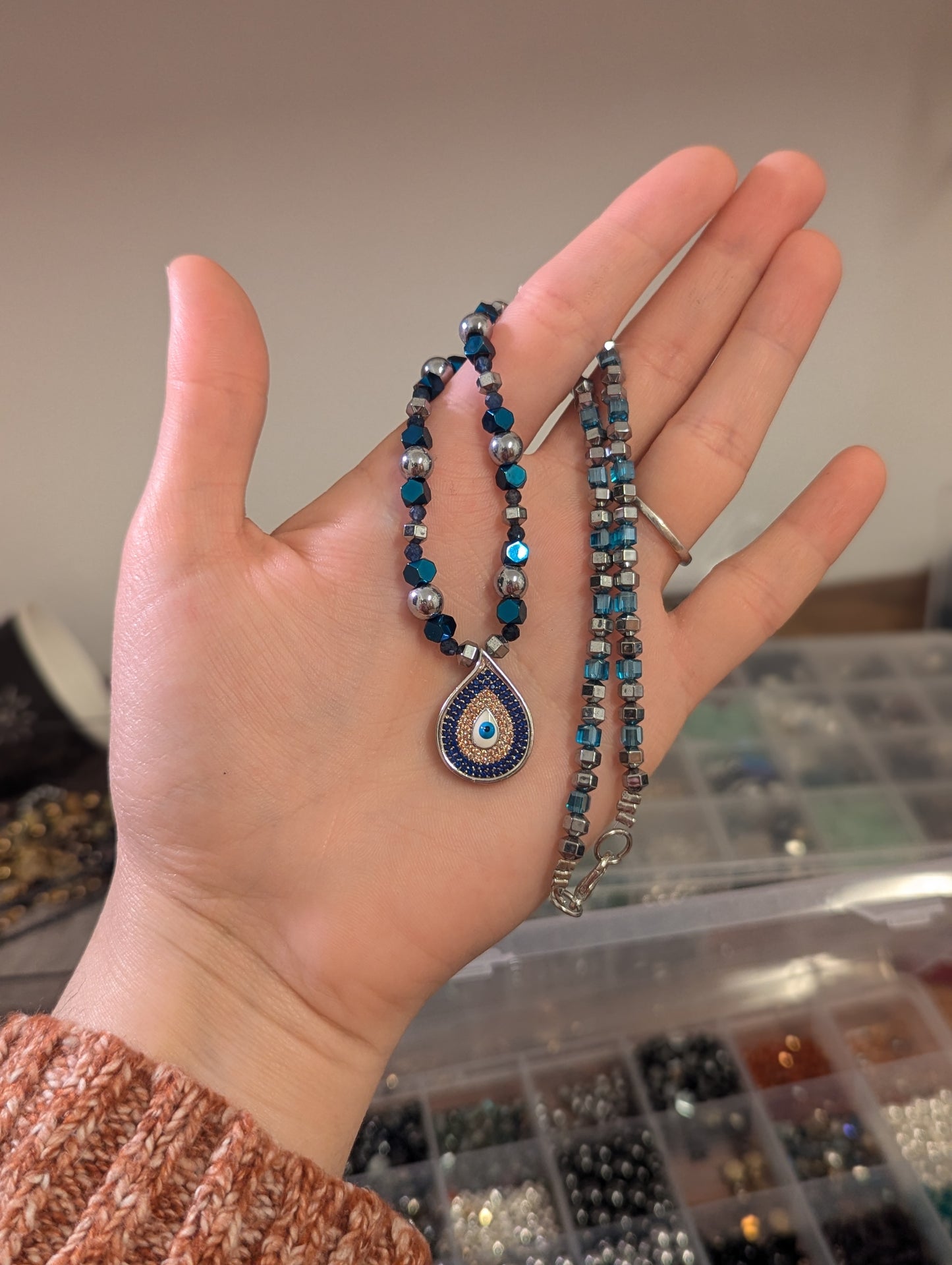 Blue Zirconia Evil Eye, Sapphire, Light Blue Silver Beaded Necklace and fitting Evil Eye Bracelet