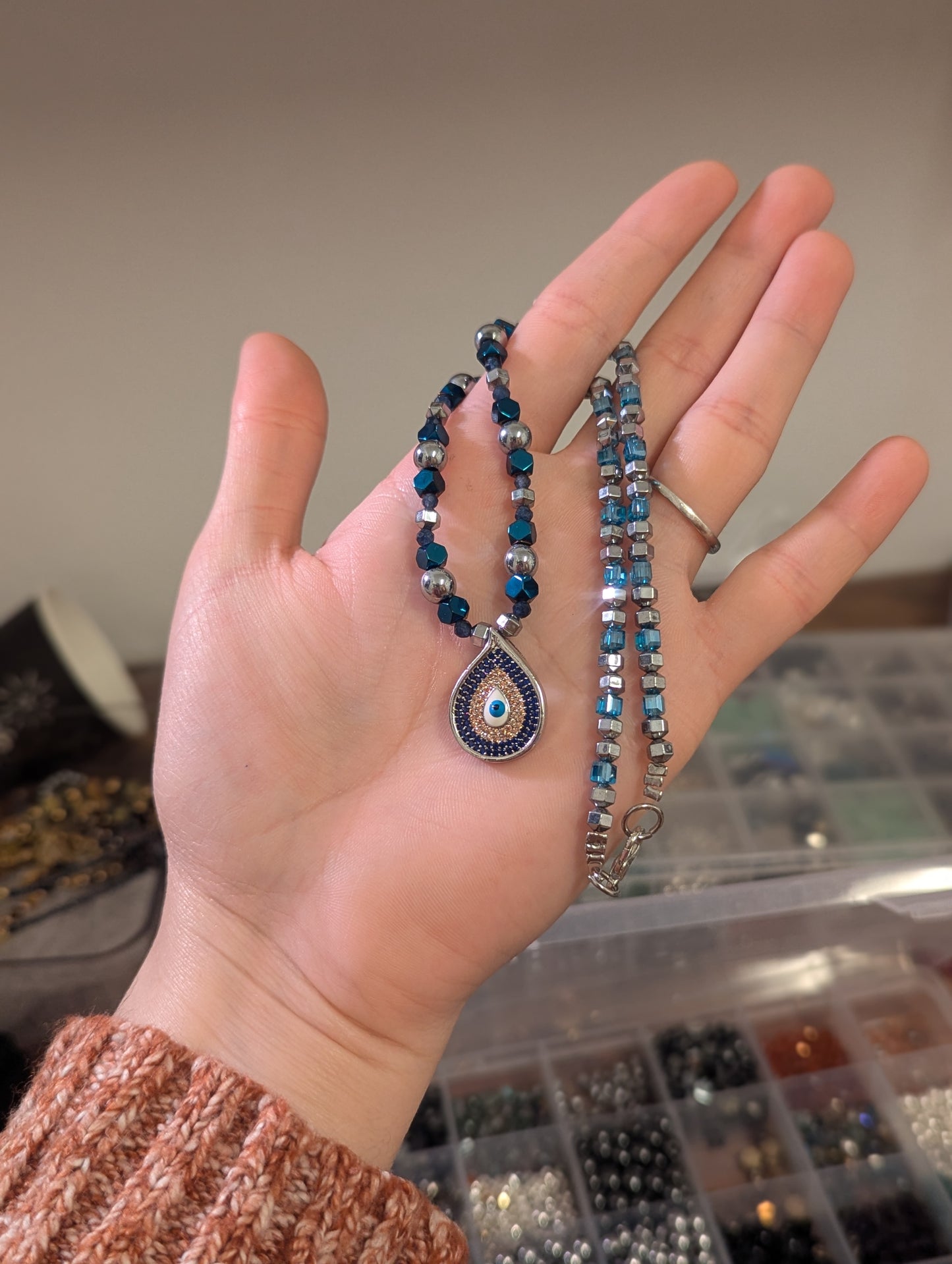 Blue Zirconia Evil Eye, Sapphire, Light Blue Silver Beaded Necklace and fitting Evil Eye Bracelet