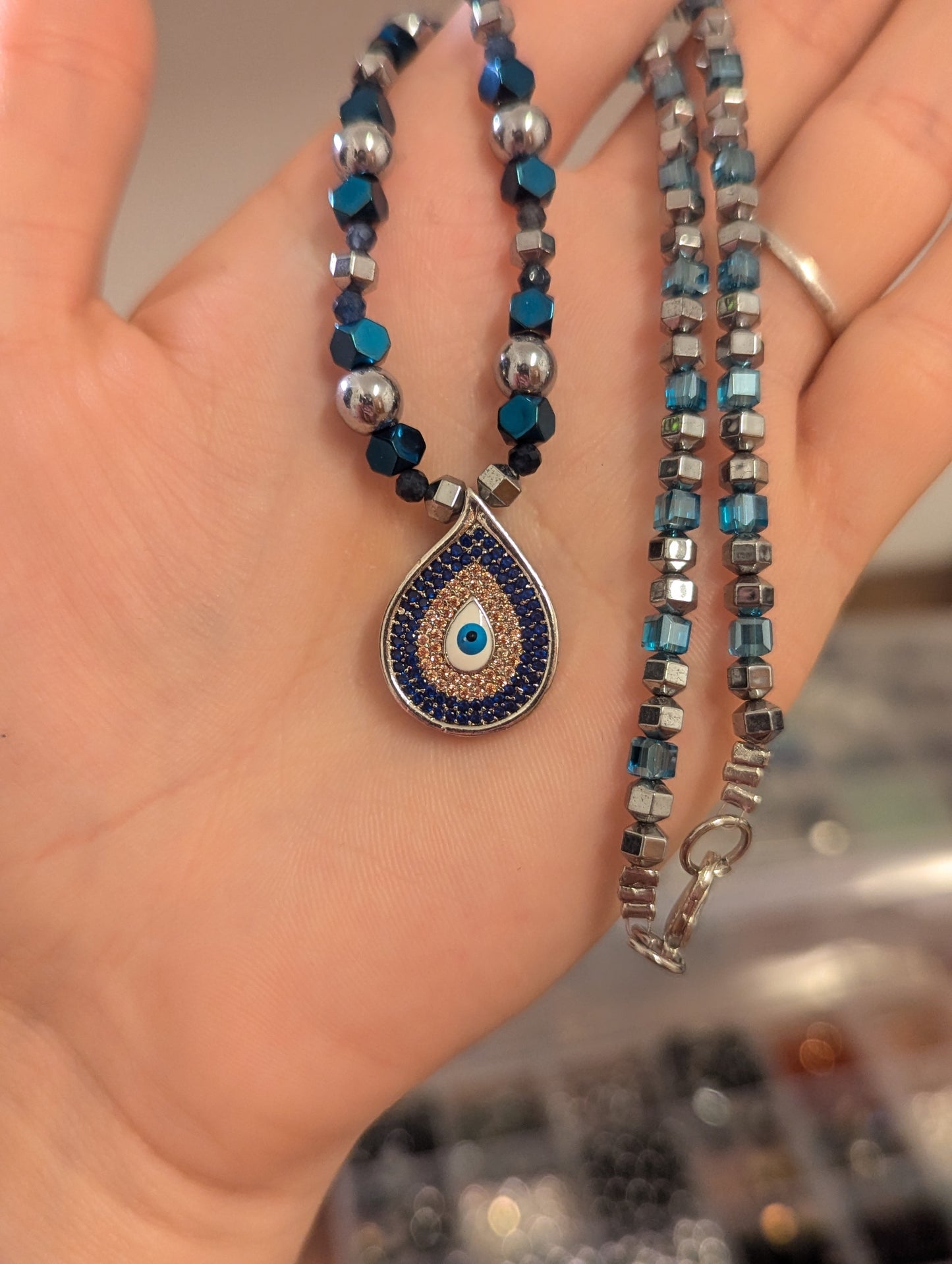 Blue Zirconia Evil Eye, Sapphire, Light Blue Silver Beaded Necklace and fitting Evil Eye Bracelet