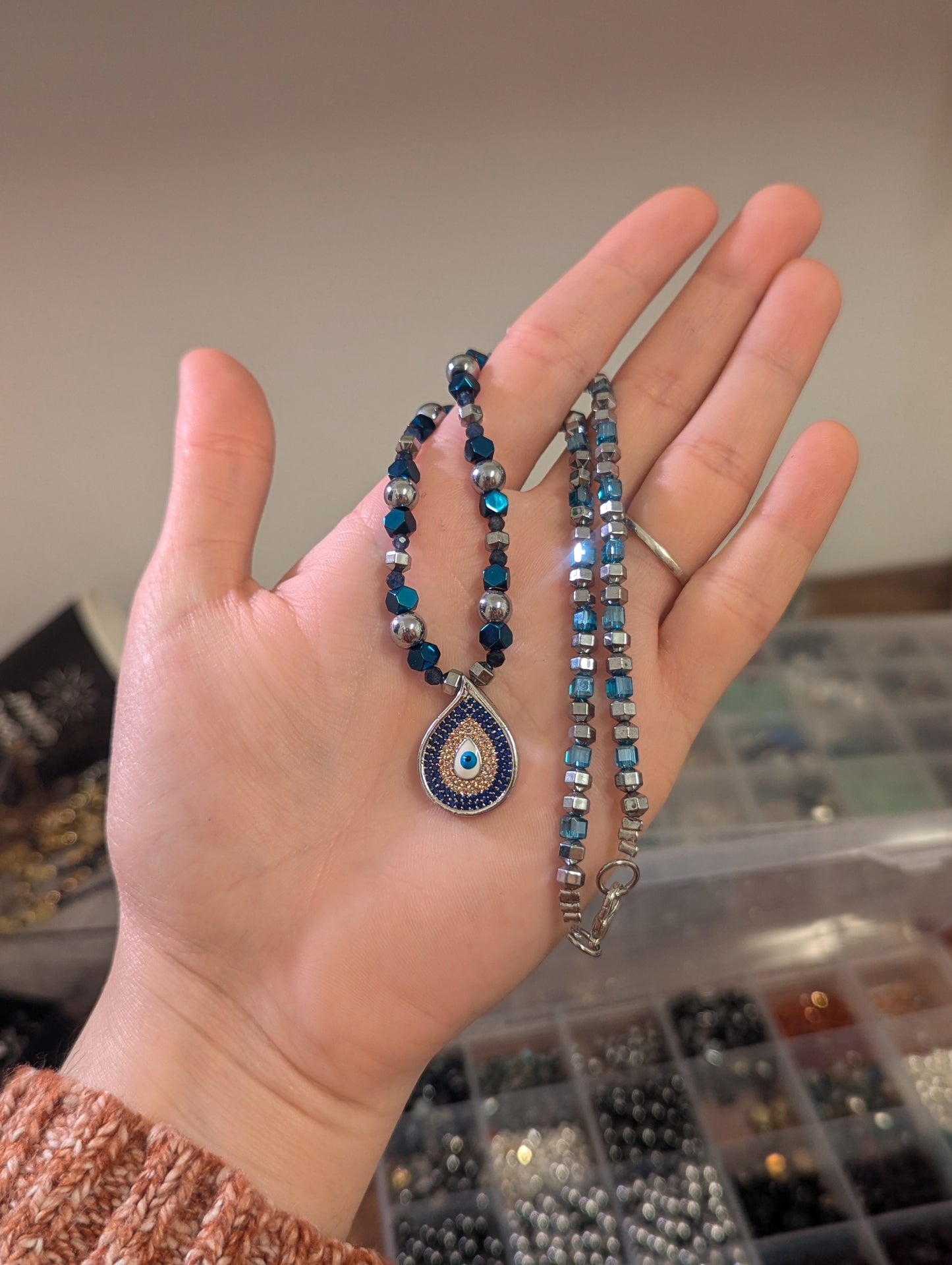 Blue Zirconia Evil Eye, Sapphire, Light Blue Silver Beaded Necklace and fitting Evil Eye Bracelet
