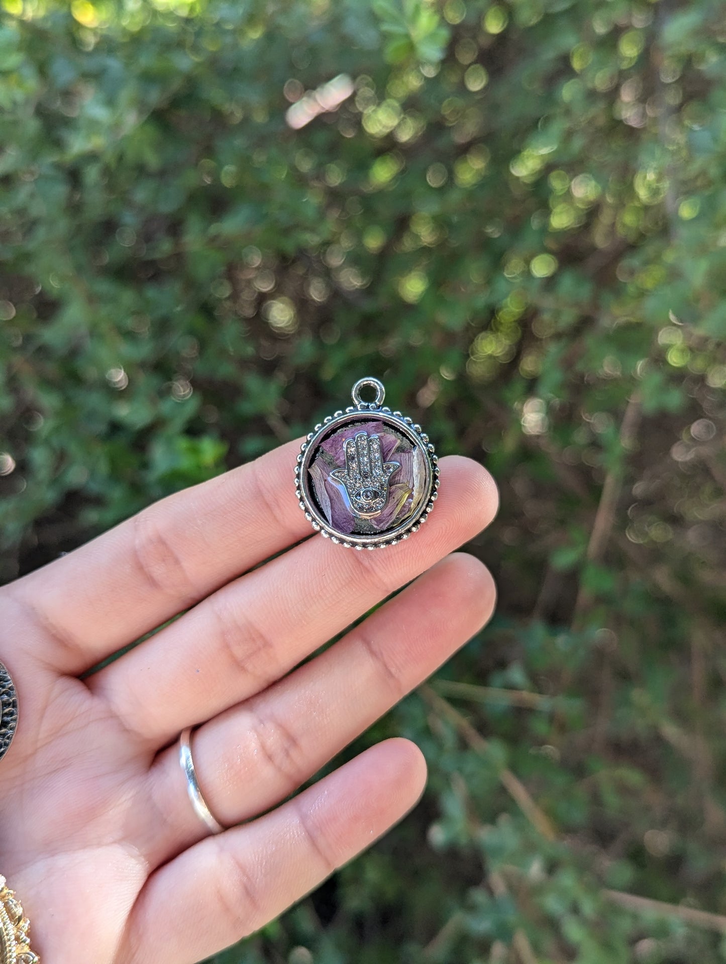 Israel Encapsulated: Silver Zirconia Hamsa with Evil Eye & Israeli Purple Pink Flower Leaves