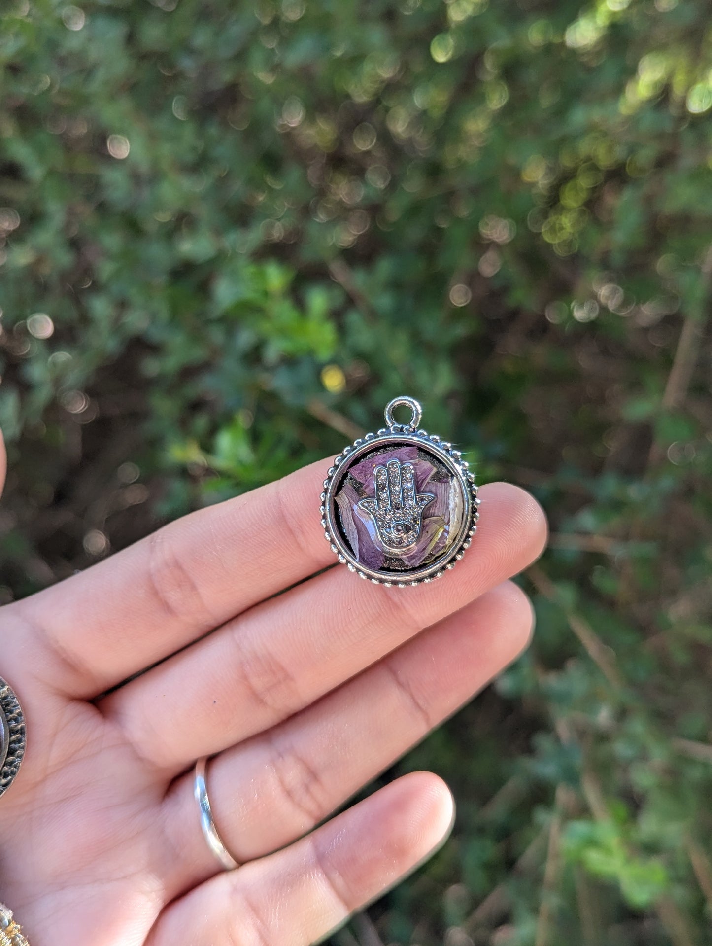 Israel Encapsulated: Silver Zirconia Hamsa with Evil Eye & Israeli Purple Pink Flower Leaves