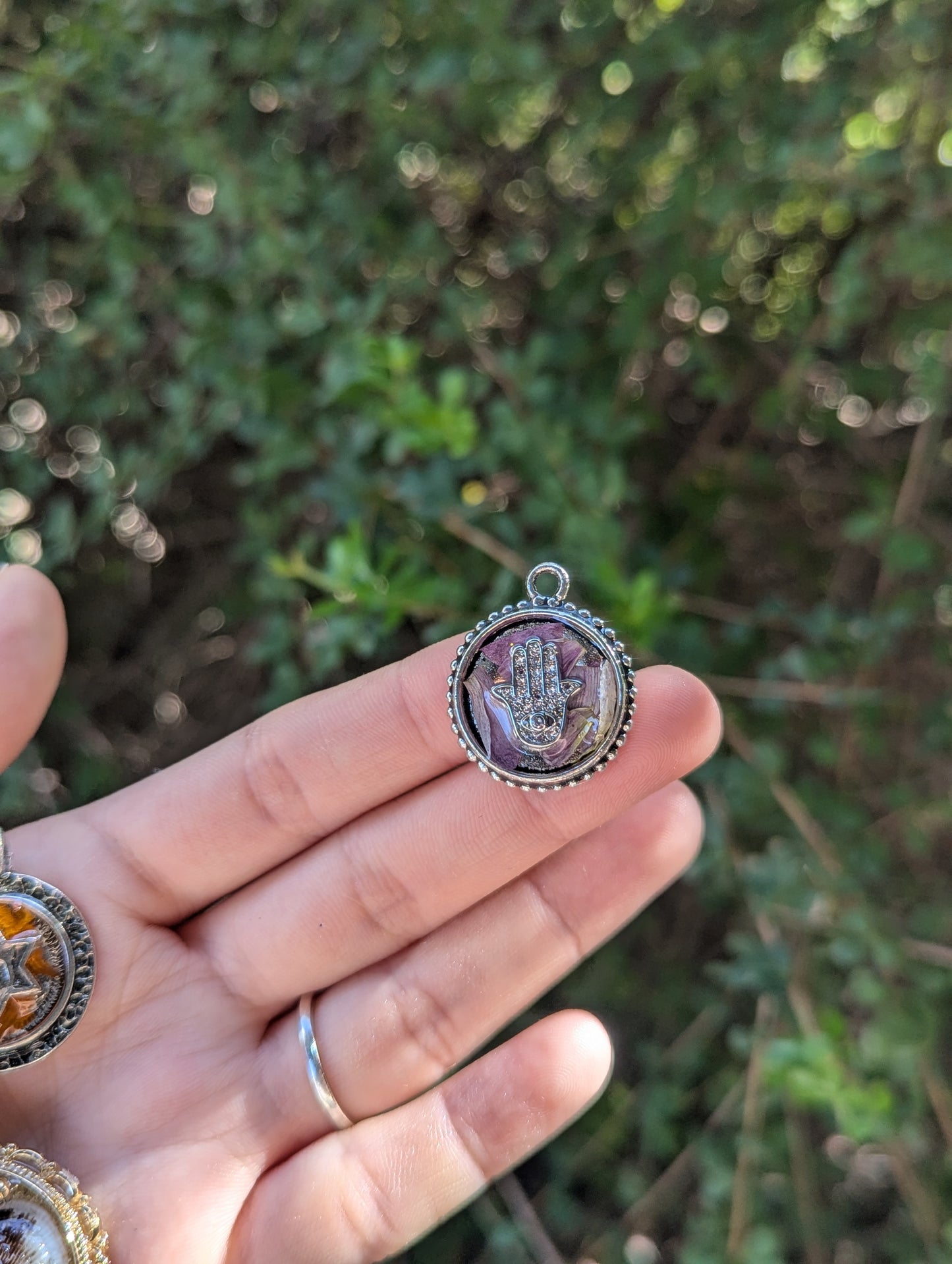 Israel Encapsulated: Silver Zirconia Hamsa with Evil Eye & Israeli Purple Pink Flower Leaves