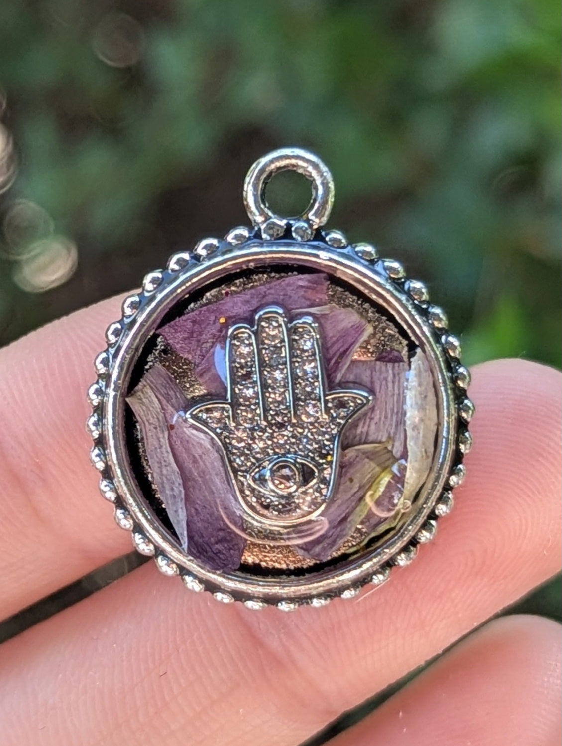 Israel Encapsulated: Silver Zirconia Hamsa with Evil Eye & Israeli Purple Pink Flower Leaves