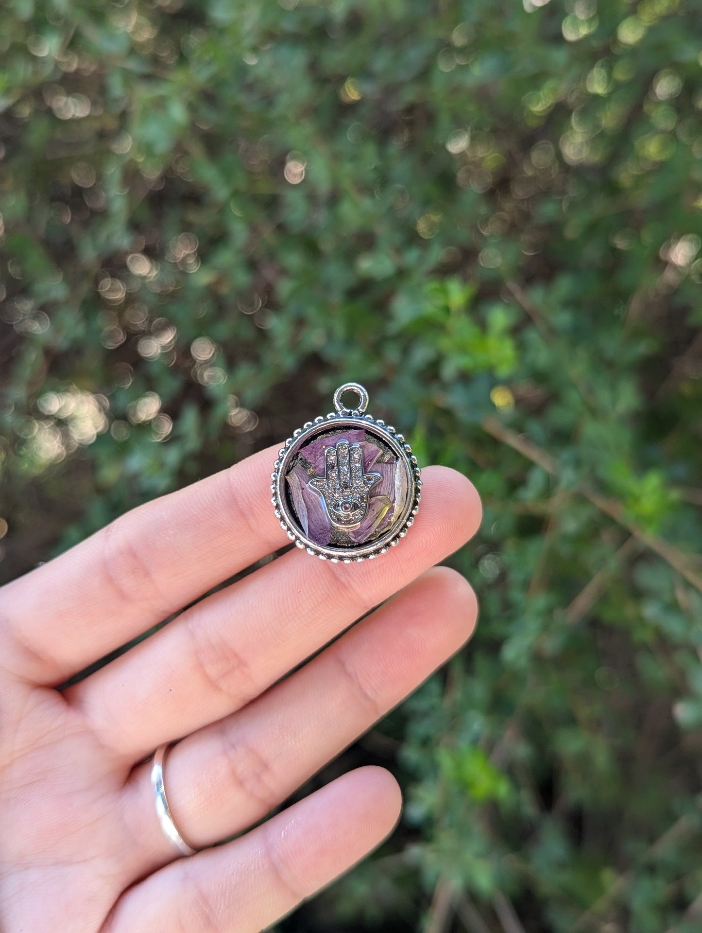 Israel Encapsulated: Silver Zirconia Hamsa with Evil Eye & Israeli Purple Pink Flower Leaves