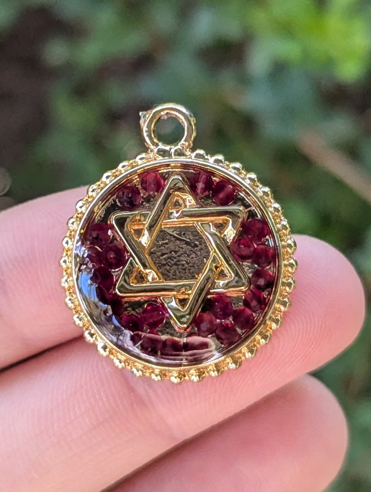 Resin Round Gold Plated Magen David with Garnet Gemstones Pendant