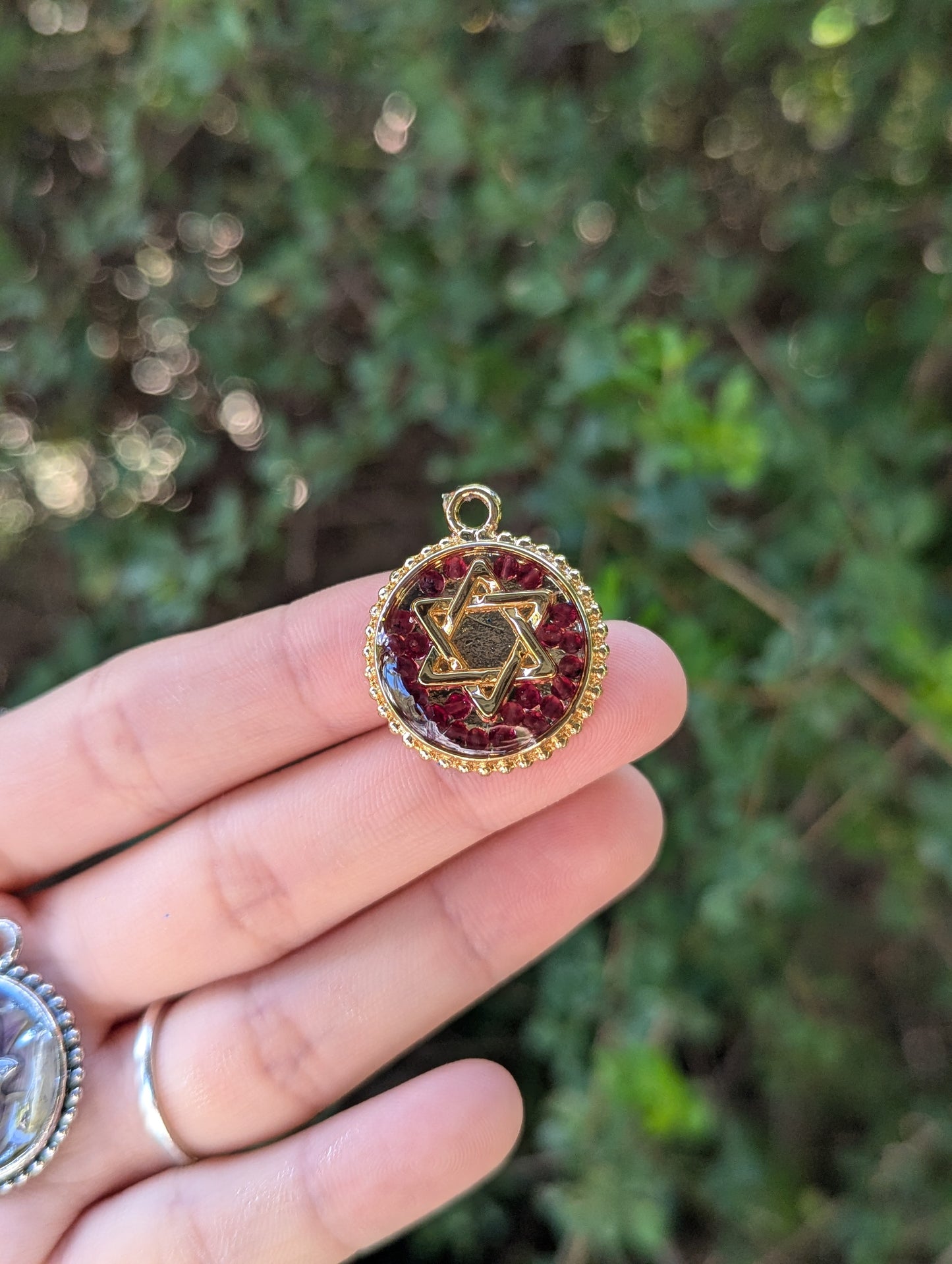 Resin Round Gold Plated Magen David with Garnet Gemstones Pendant