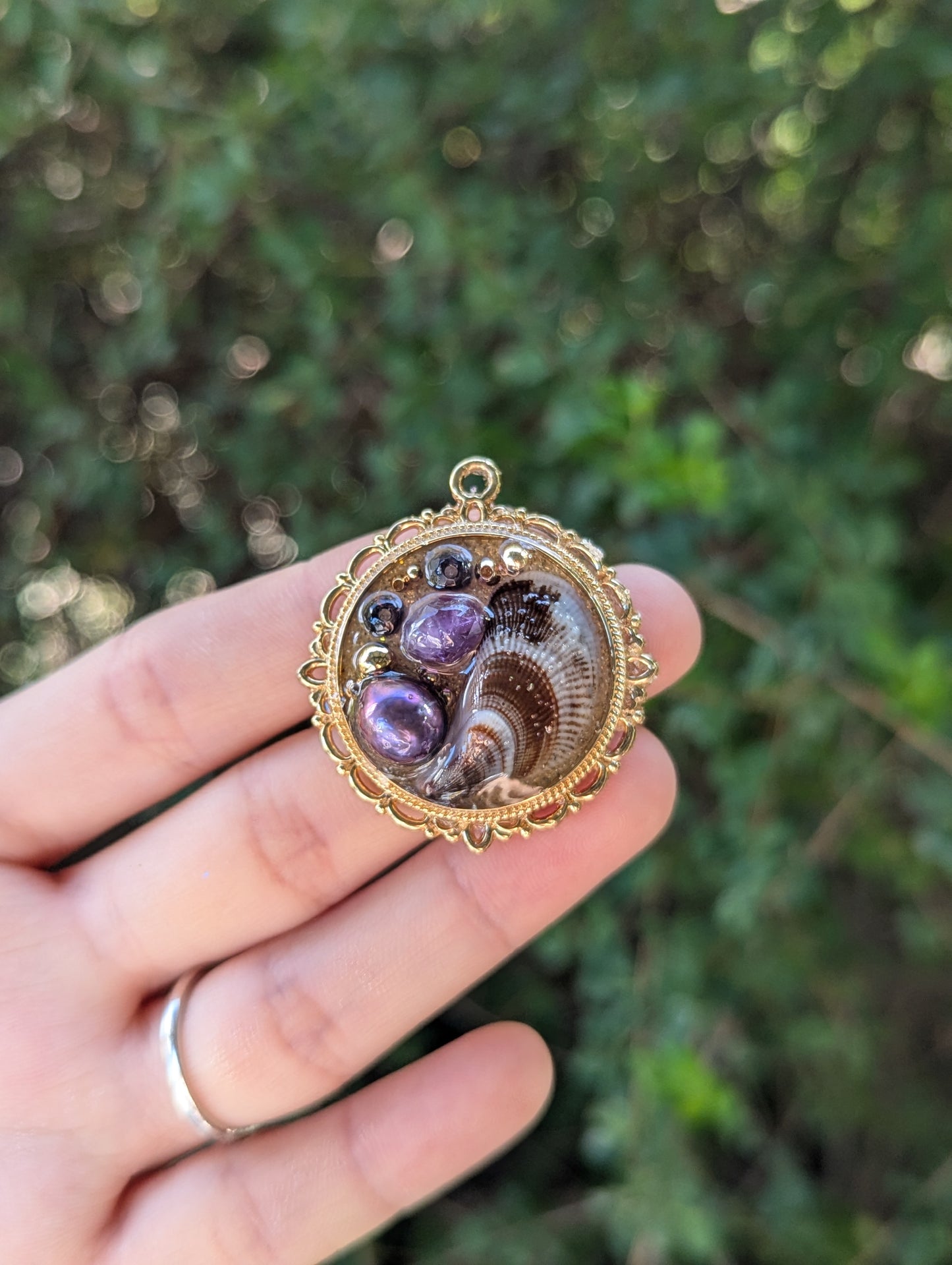 Israel Encapsulated: Purple Euphoria Pendant with Israeli Purple Shell, a Pearl and Amethyst
