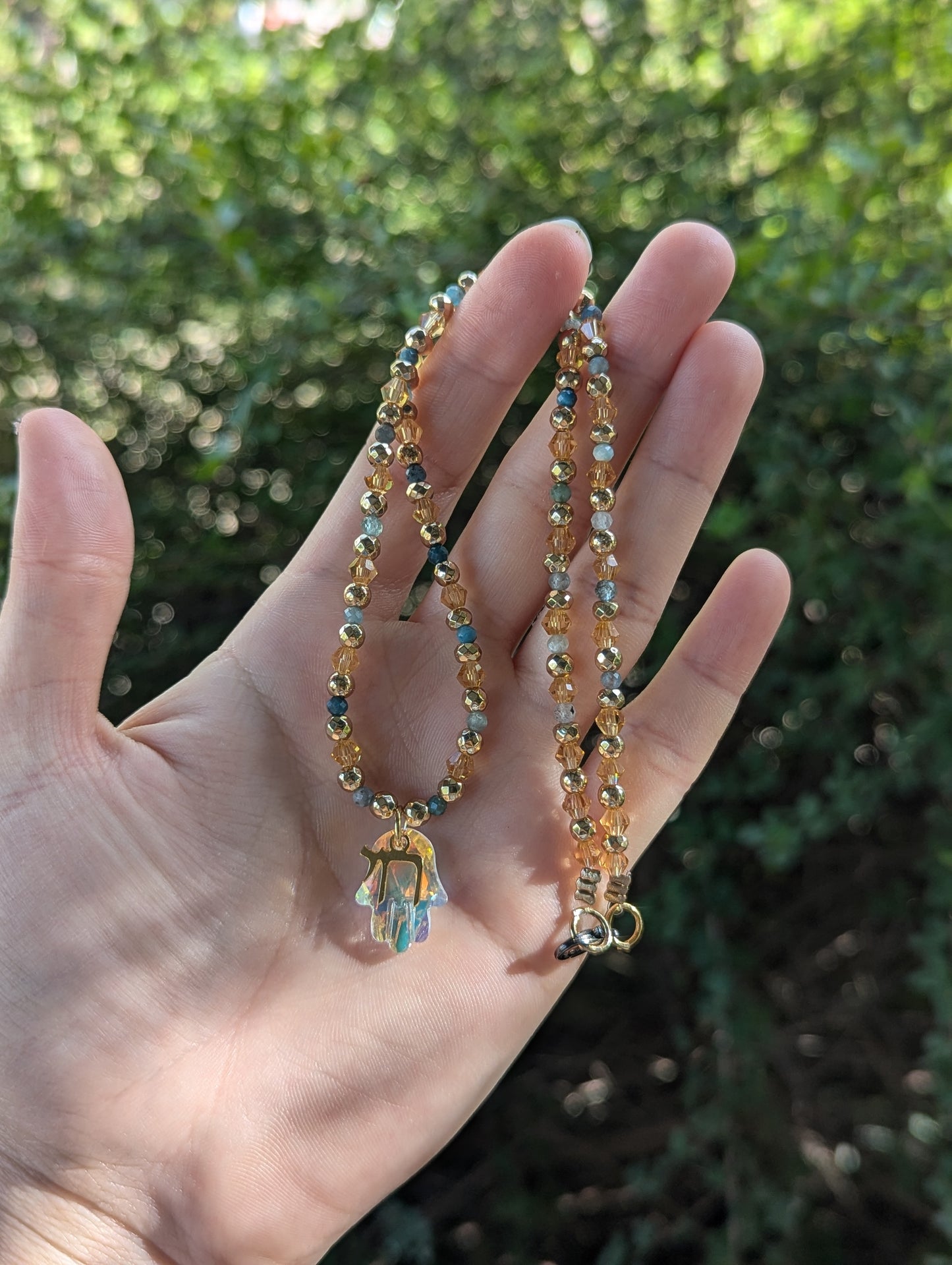 Apatite Gemstones, Glass Hamsa and Gold Plated Chai