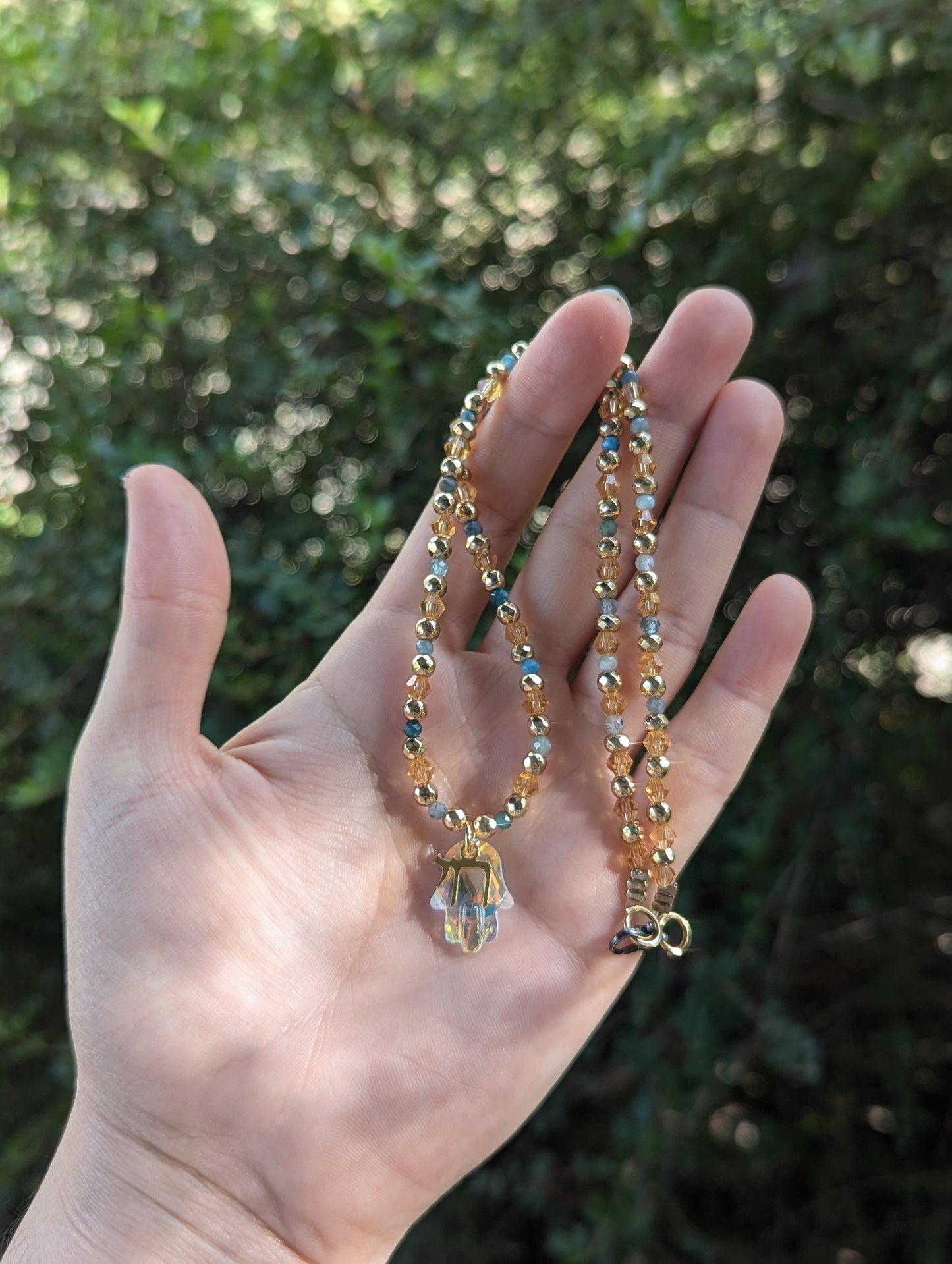 Apatite Gemstones, Glass Hamsa and Gold Plated Chai
