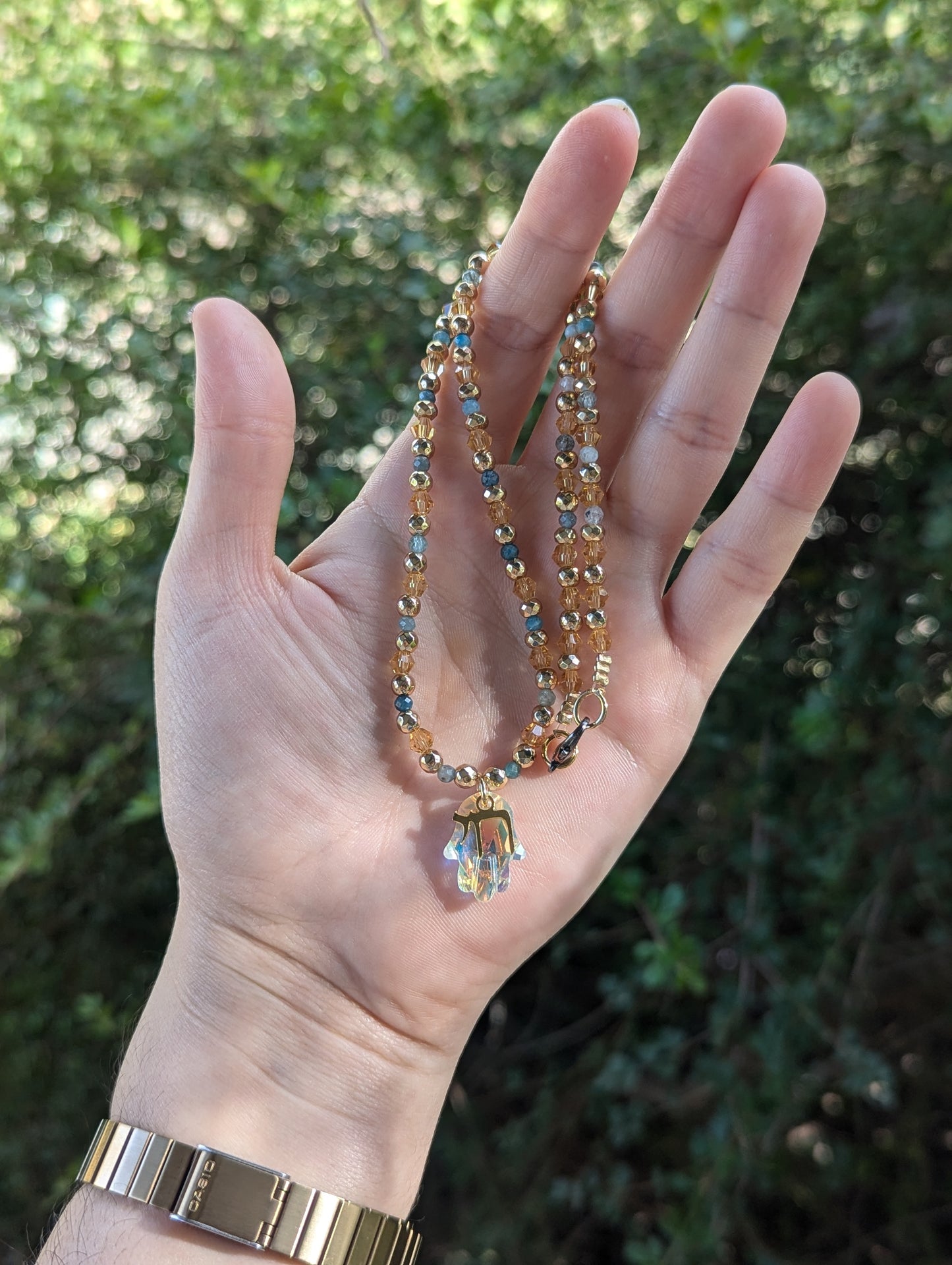Apatite Gemstones, Glass Hamsa and Gold Plated Chai