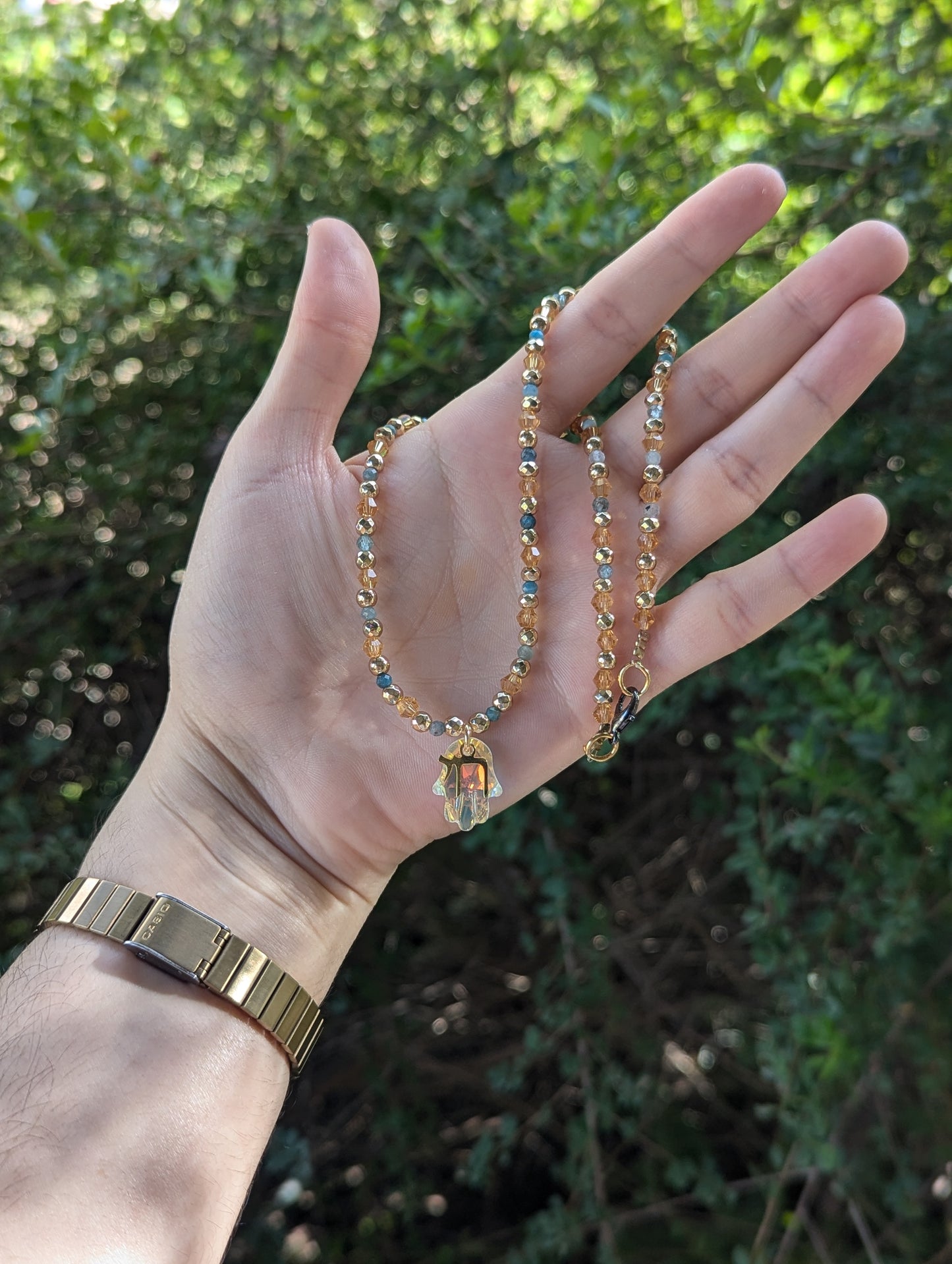 Apatite Gemstones, Glass Hamsa and Gold Plated Chai