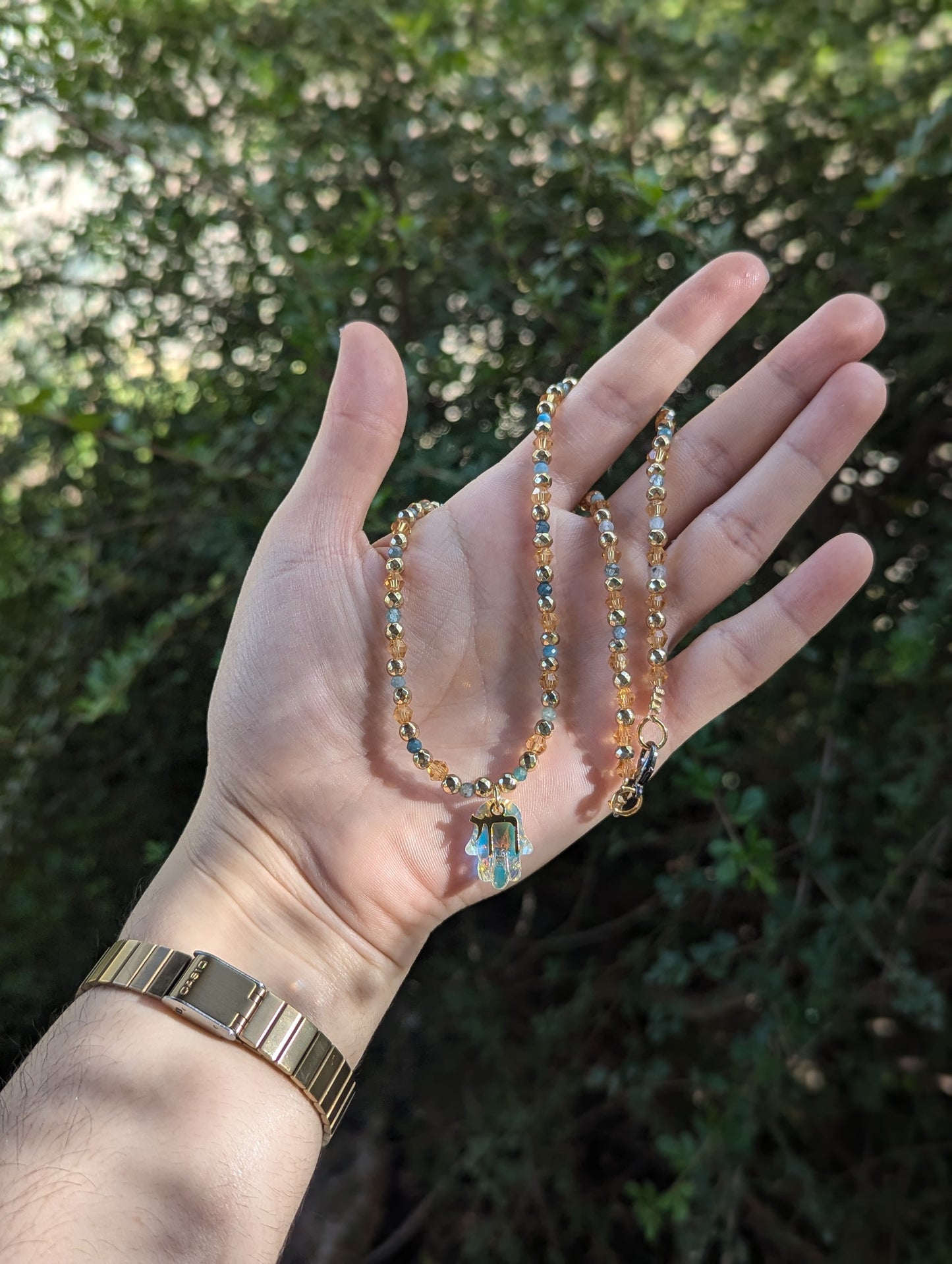 Apatite Gemstones, Glass Hamsa and Gold Plated Chai