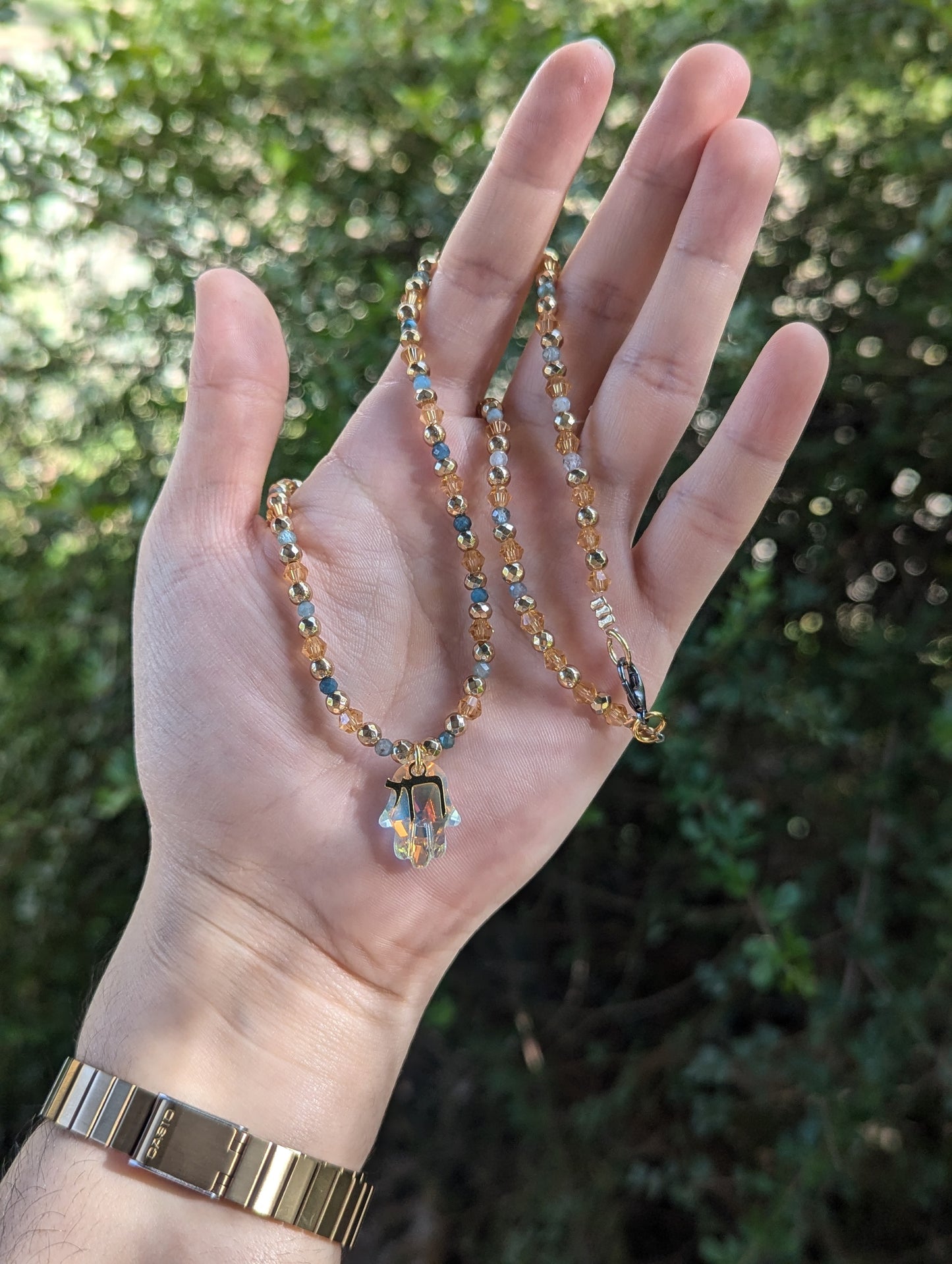Apatite Gemstones, Glass Hamsa and Gold Plated Chai