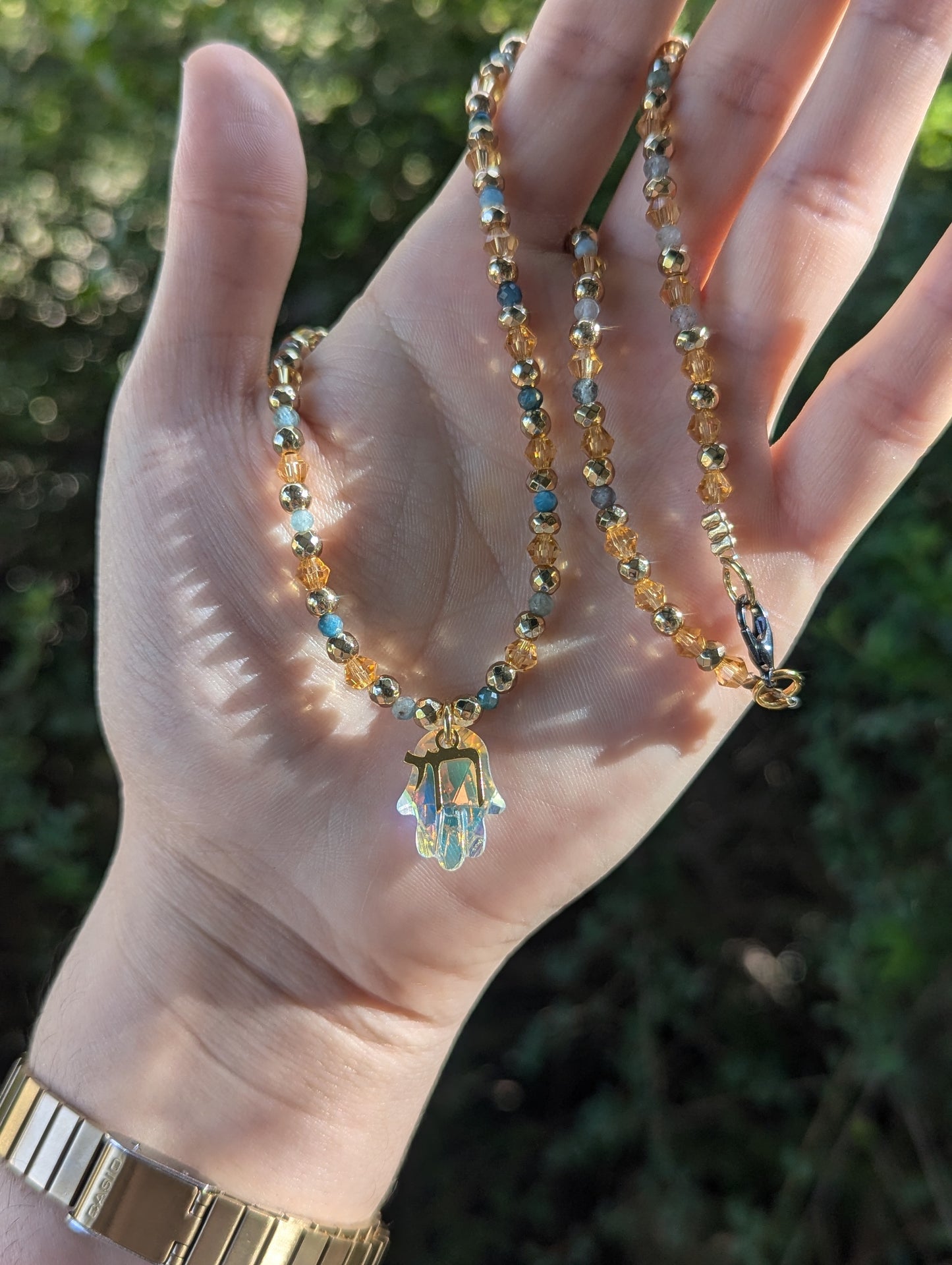 Apatite Gemstones, Glass Hamsa and Gold Plated Chai
