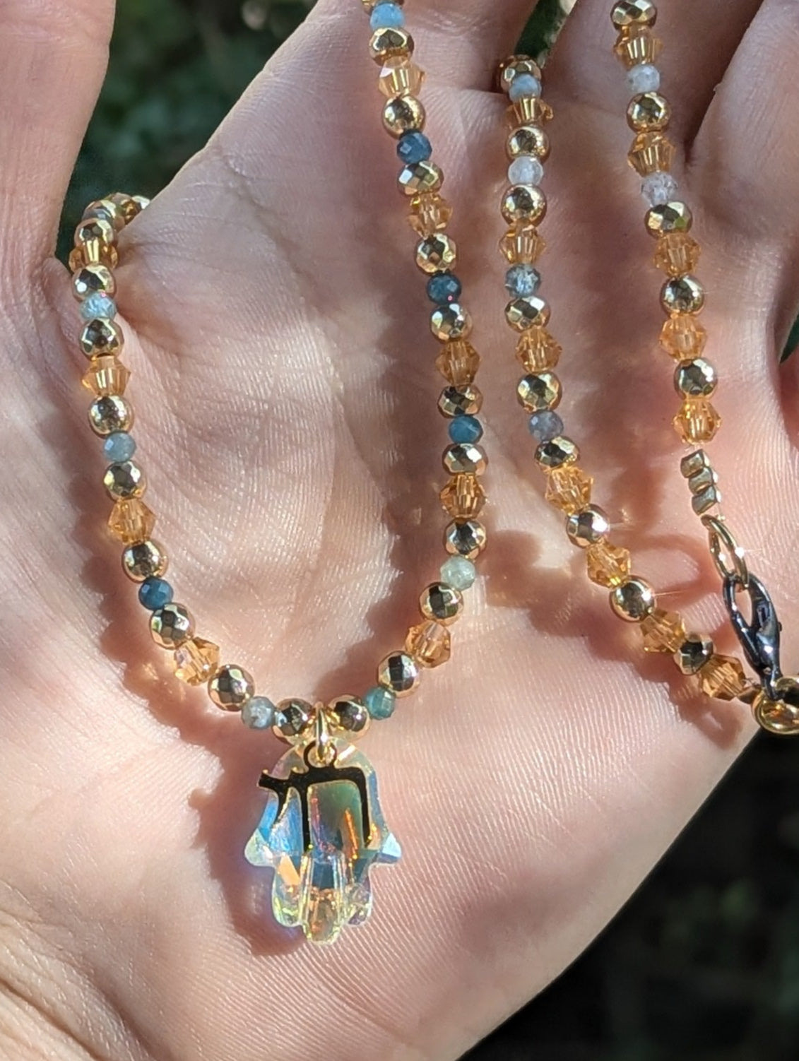 Apatite Gemstones, Glass Hamsa and Gold Plated Chai