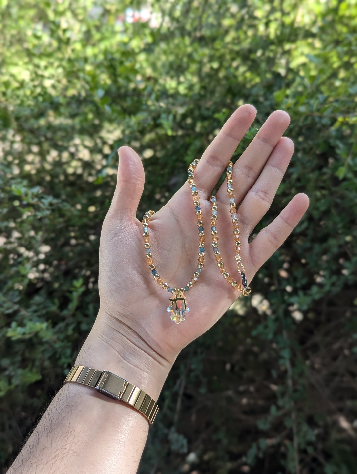 Apatite Gemstones, Glass Hamsa and Gold Plated Chai