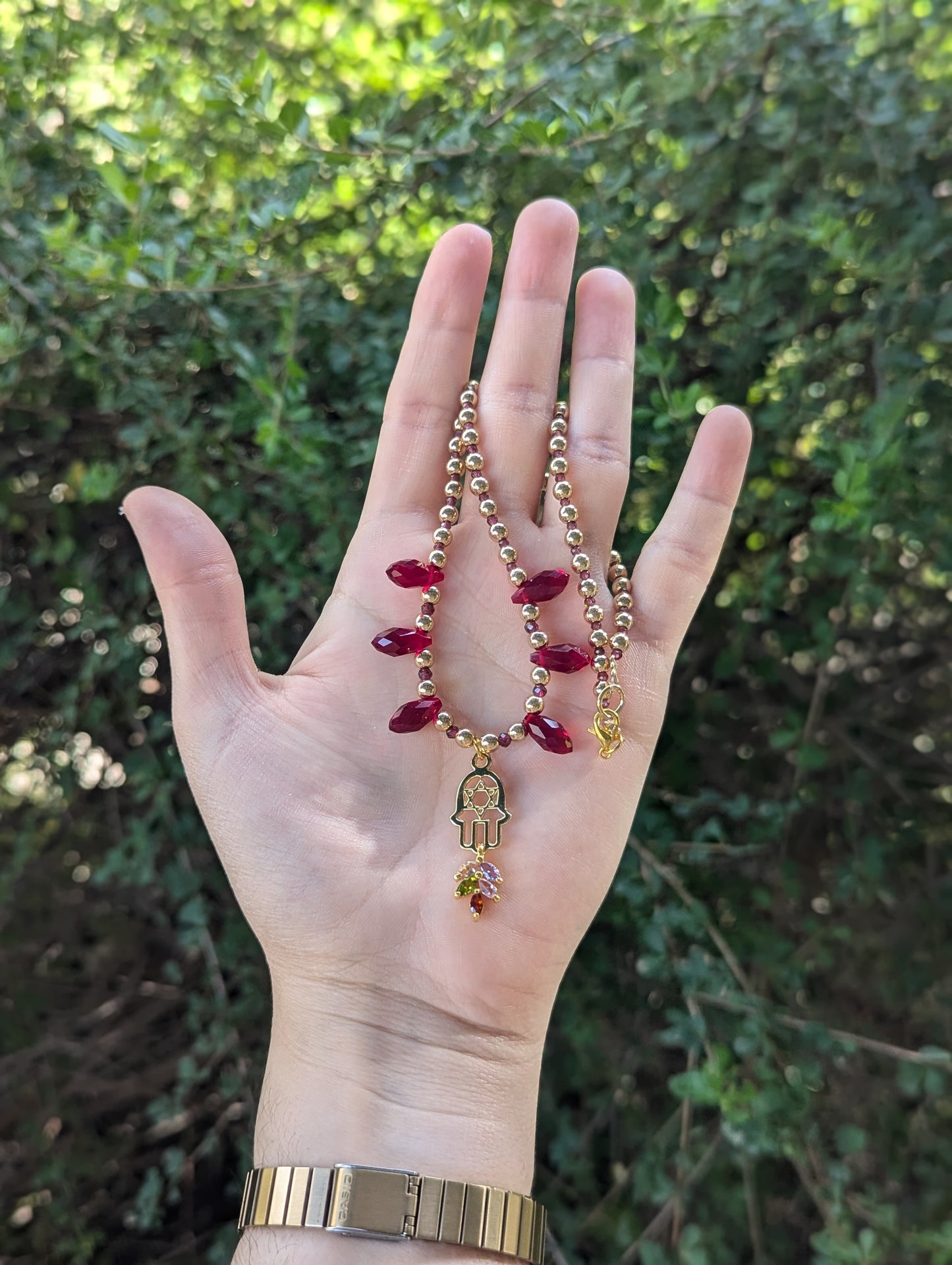Garnet Gemstones, Hamsa Magen David, Red Drops and Multicoloured Zirconia Leaf