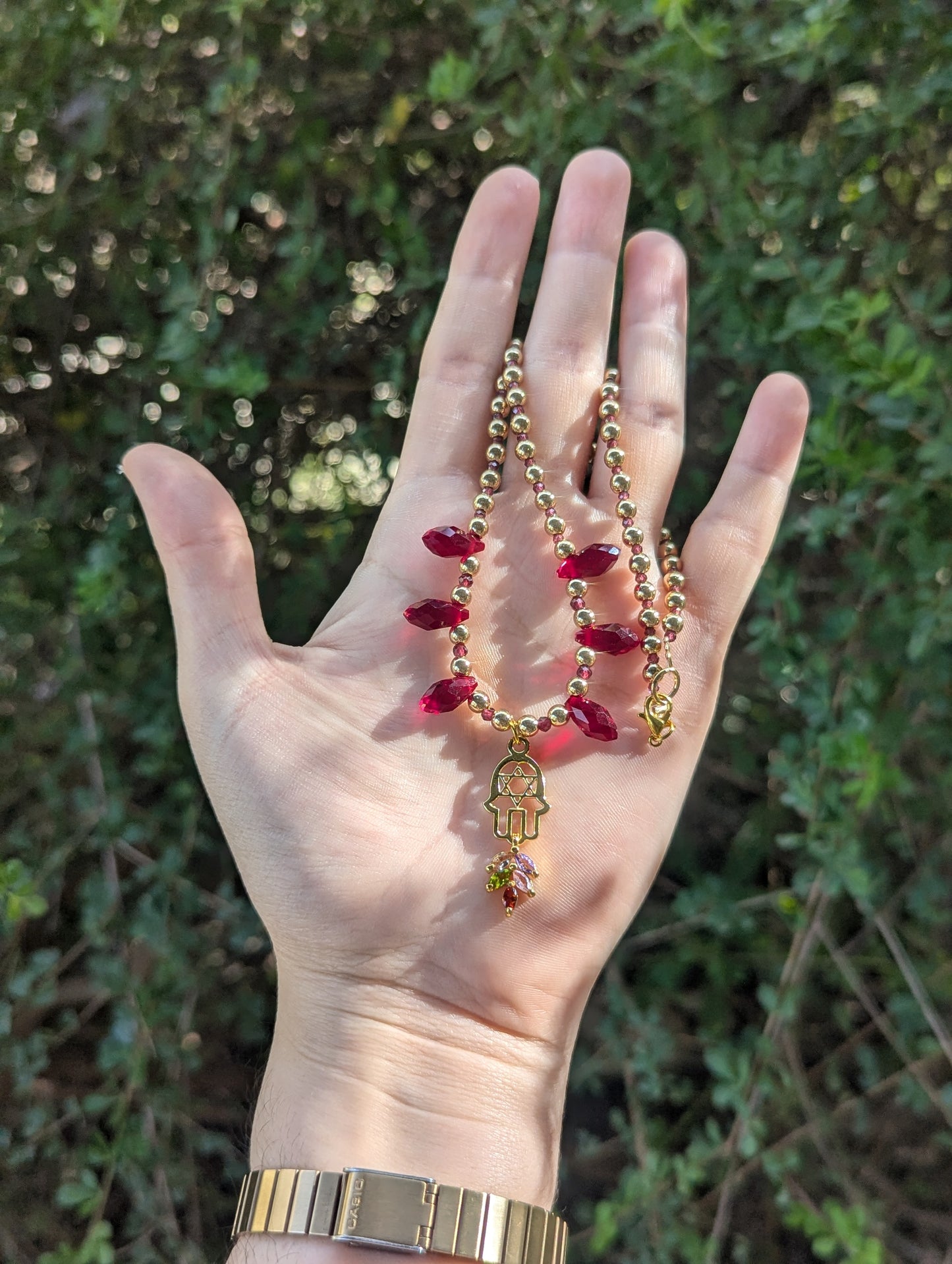 Garnet Gemstones, Hamsa Magen David, Red Drops and Multicoloured Zirconia Leaf