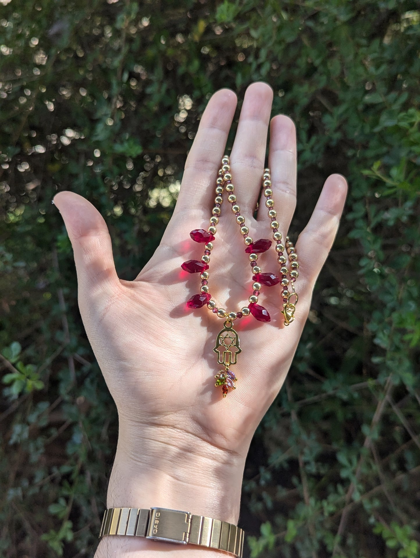 Garnet Gemstones, Hamsa Magen David, Red Drops and Multicoloured Zirconia Leaf