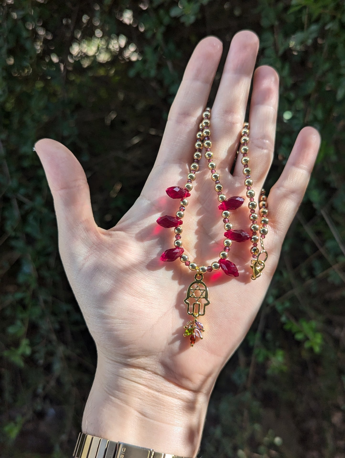 Garnet Gemstones, Hamsa Magen David, Red Drops and Multicoloured Zirconia Leaf