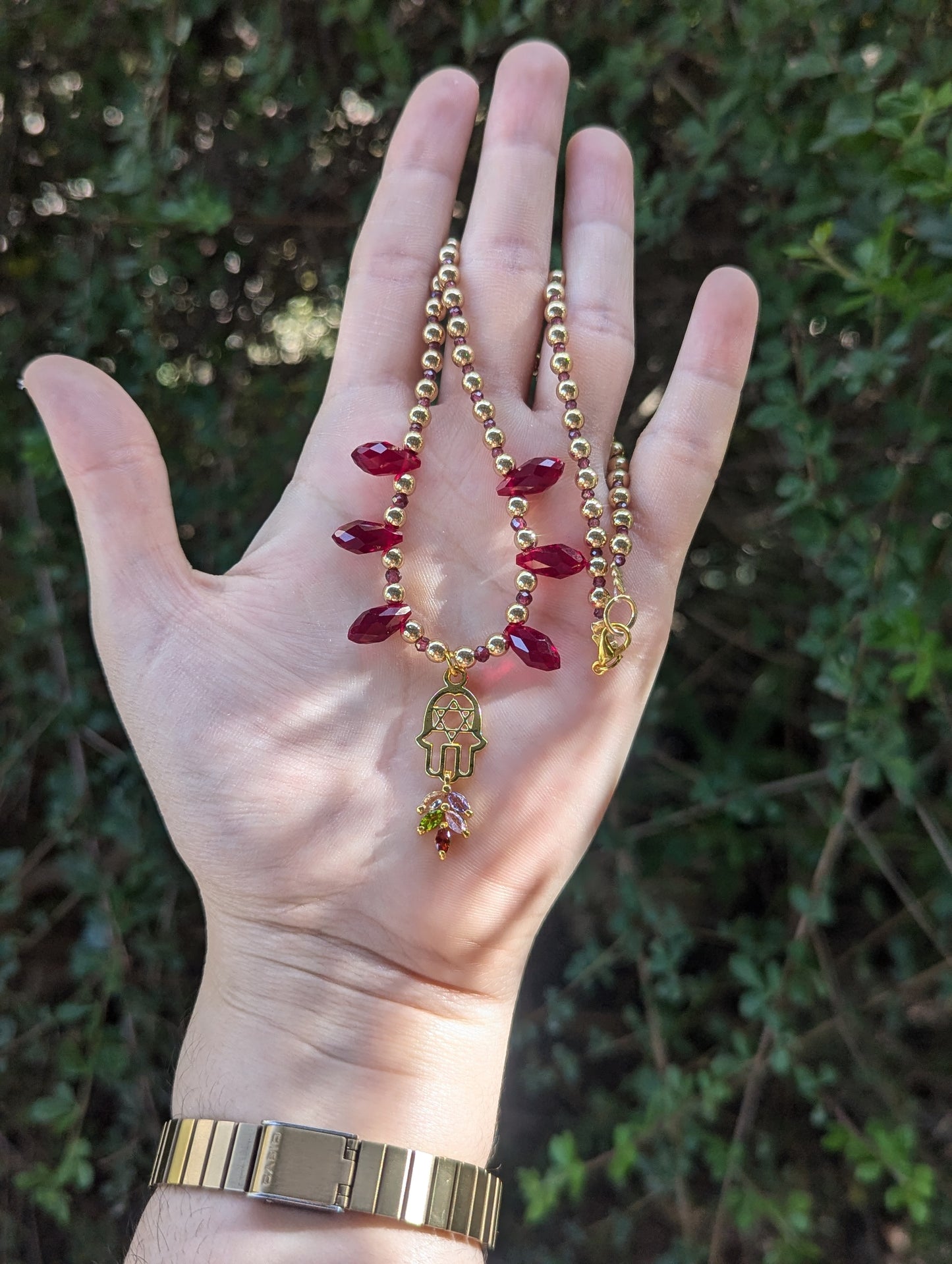 Garnet Gemstones, Hamsa Magen David, Red Drops and Multicoloured Zirconia Leaf