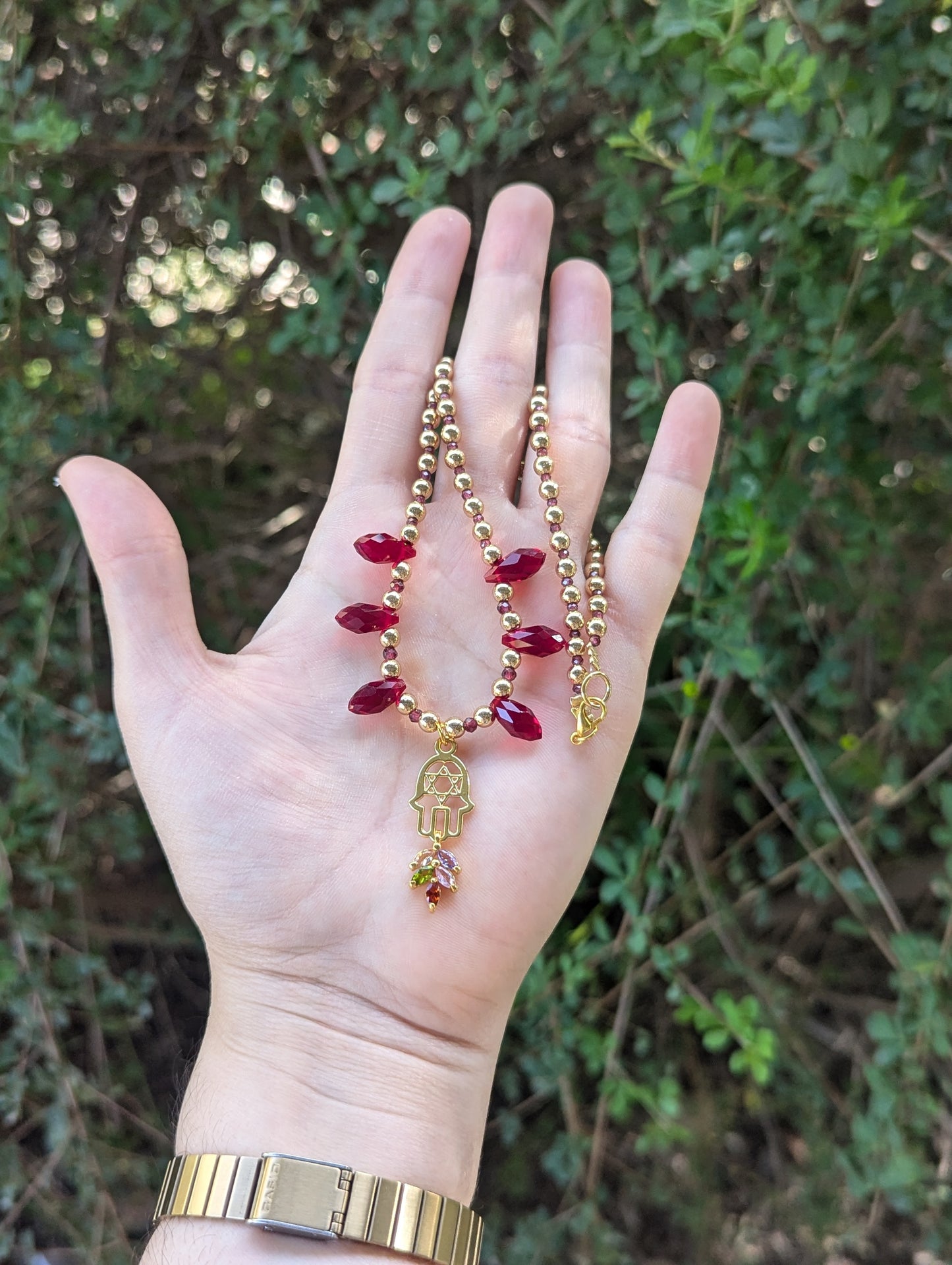 Garnet Gemstones, Hamsa Magen David, Red Drops and Multicoloured Zirconia Leaf