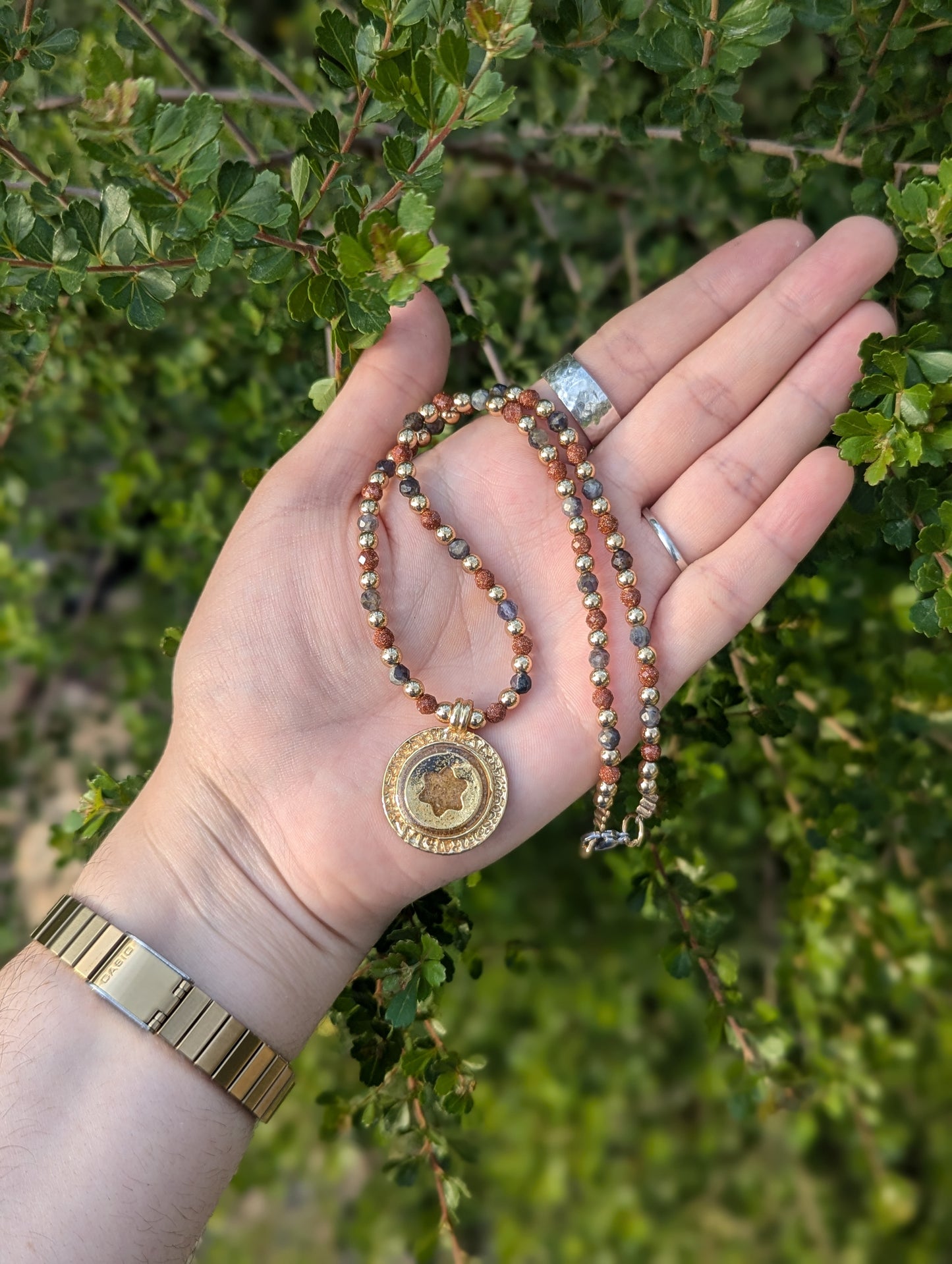 Israel Encapsulated: Gold Sand, Gold Plated Magen David with Labradorite and Orange Goldstone Beads