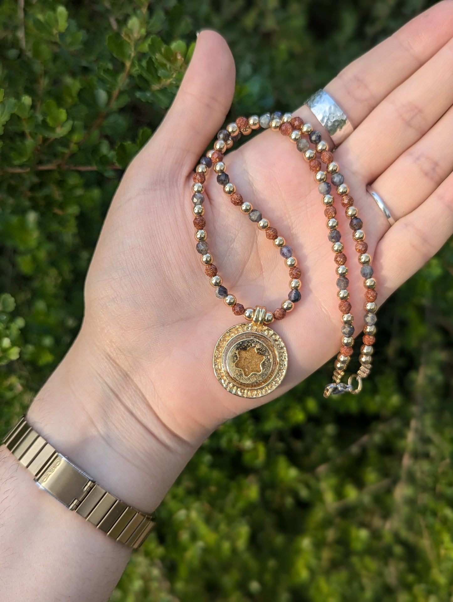 Israel Encapsulated: Gold Sand, Gold Plated Magen David with Labradorite and Orange Goldstone Beads