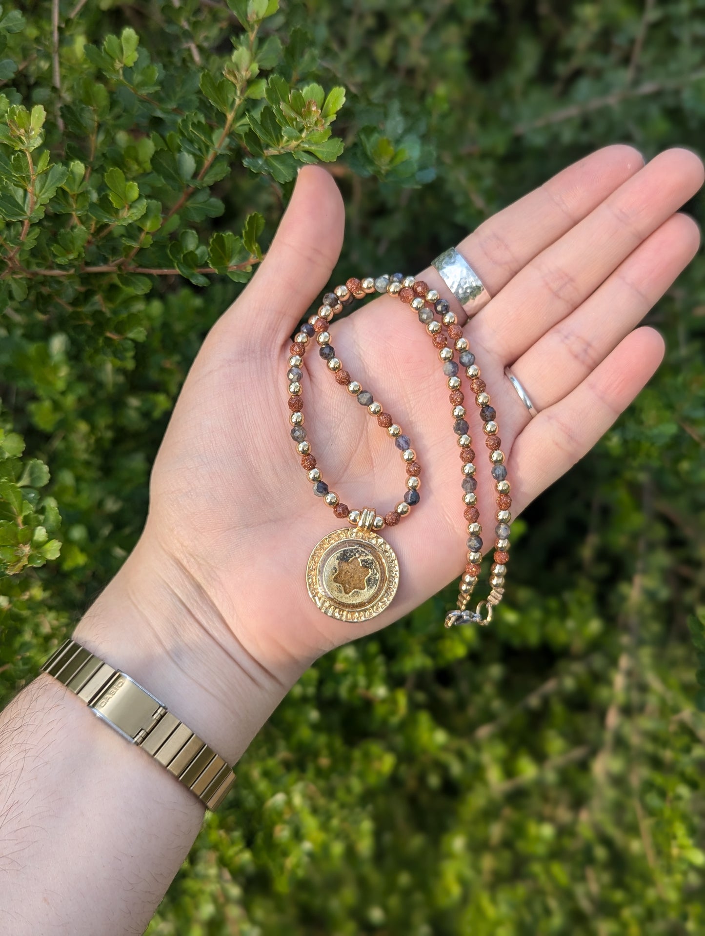 Israel Encapsulated: Gold Sand, Gold Plated Magen David with Labradorite and Orange Goldstone Beads