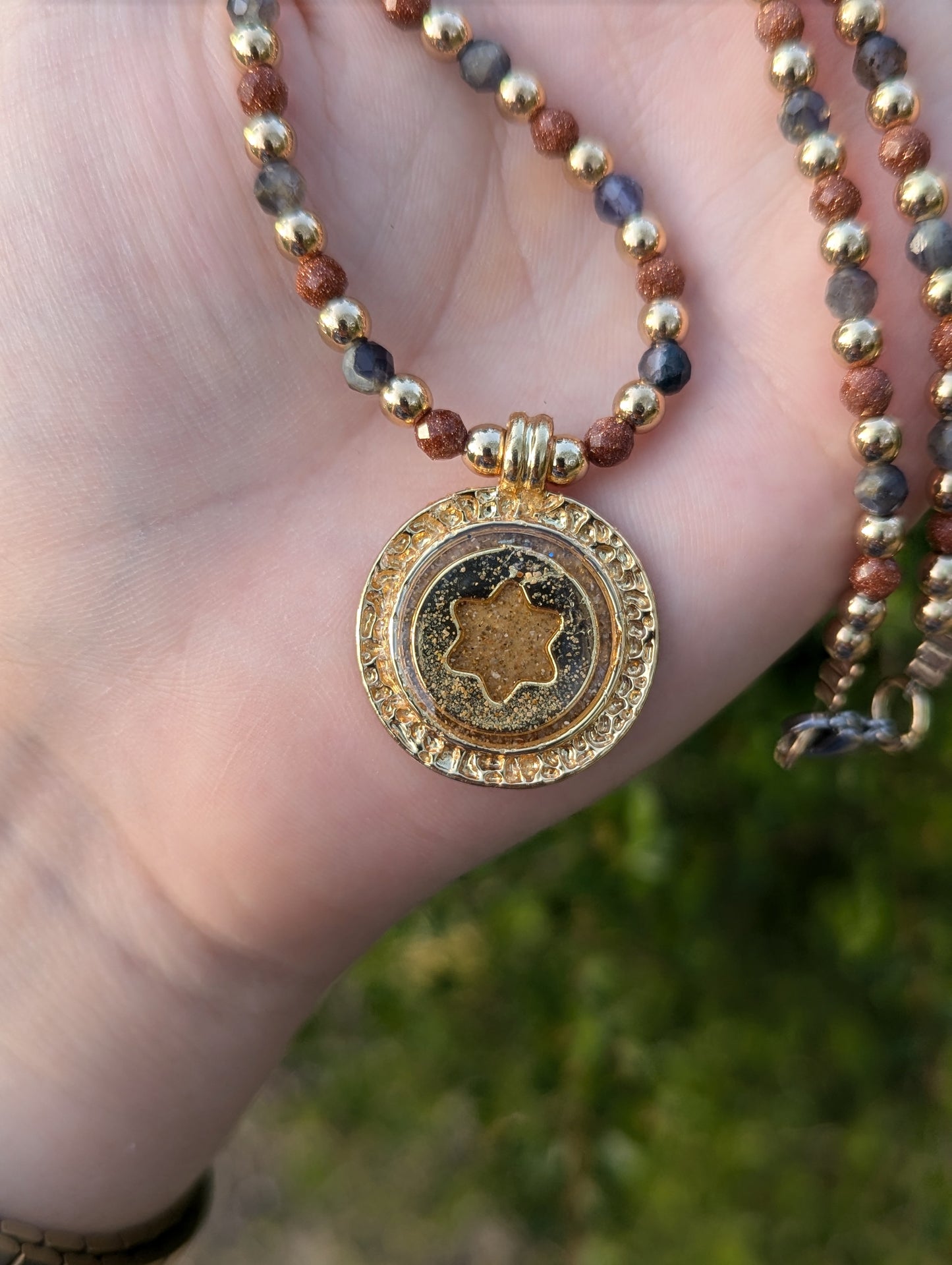 Israel Encapsulated: Gold Sand, Gold Plated Magen David with Labradorite and Orange Goldstone Beads