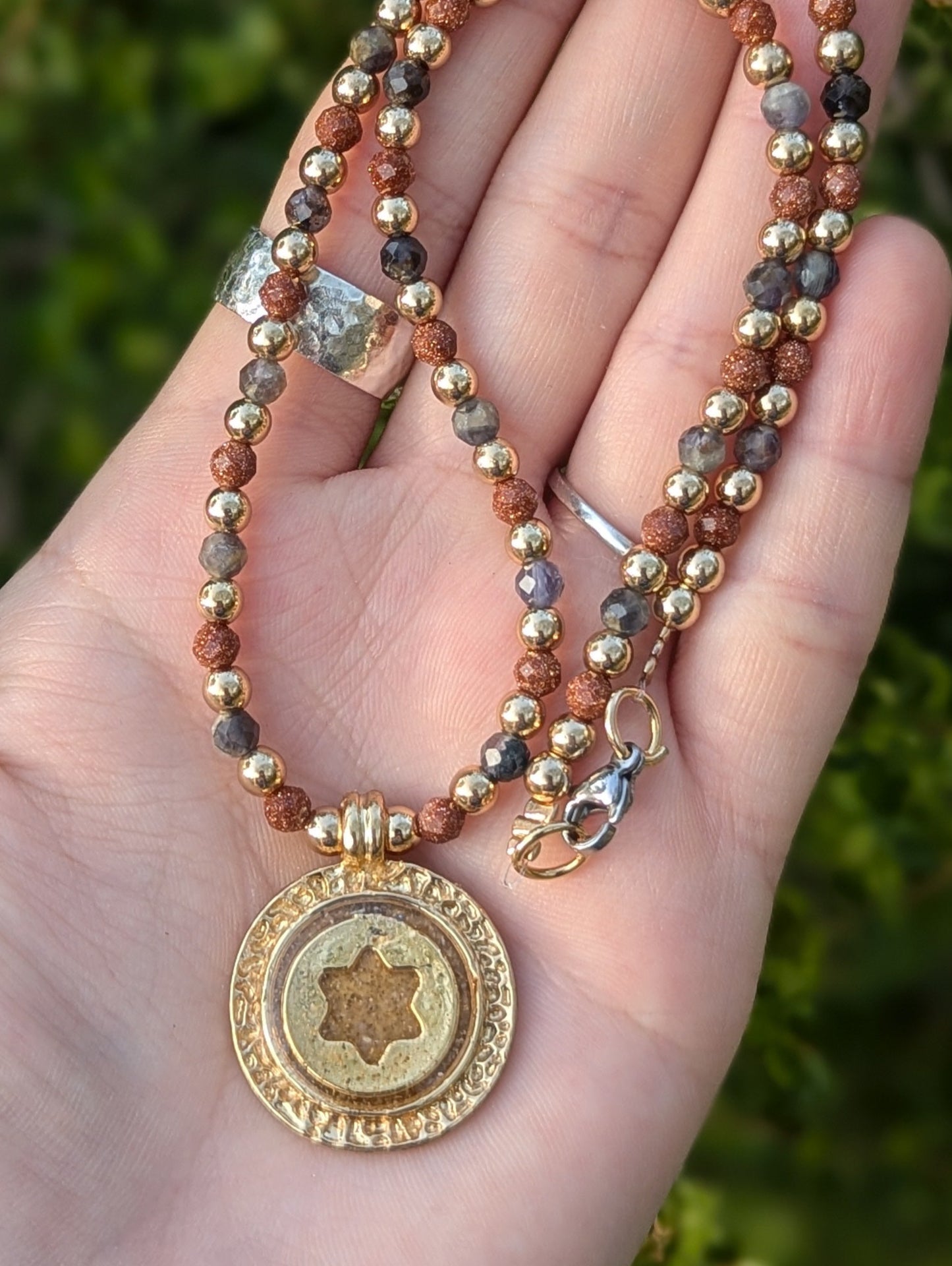 Israel Encapsulated: Gold Sand, Gold Plated Magen David with Labradorite and Orange Goldstone Beads