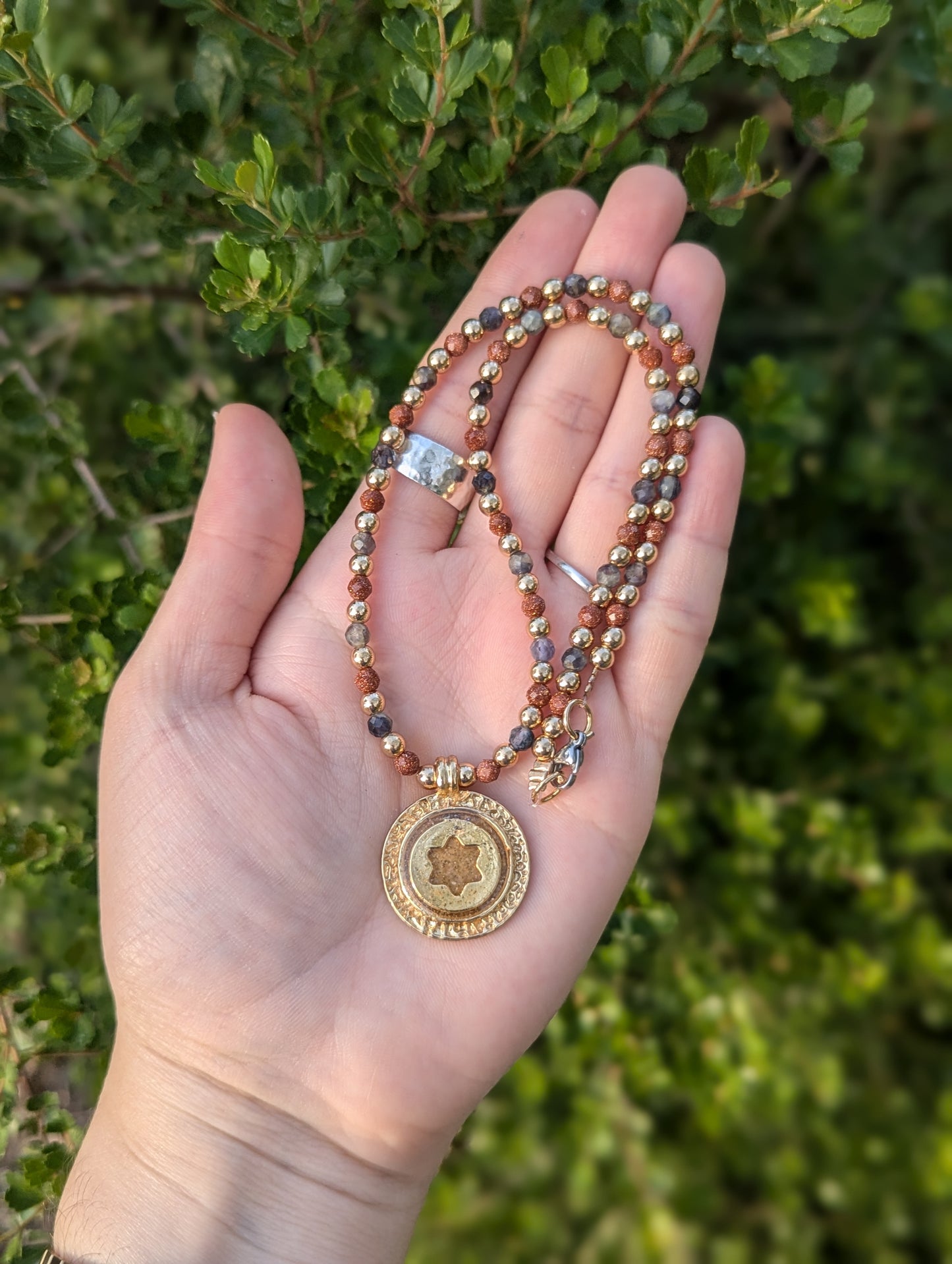 Israel Encapsulated: Gold Sand, Gold Plated Magen David with Labradorite and Orange Goldstone Beads