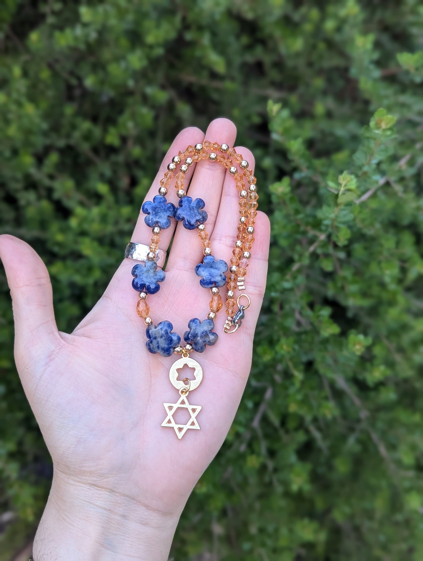 Blue Sodalite Gemstone Flowers and Double Magen David