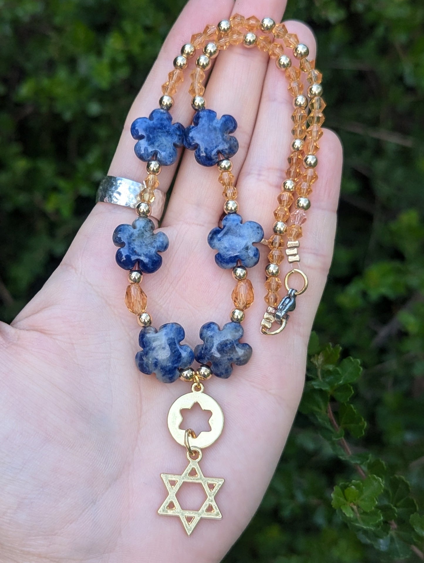 Blue Sodalite Gemstone Flowers and Double Magen David