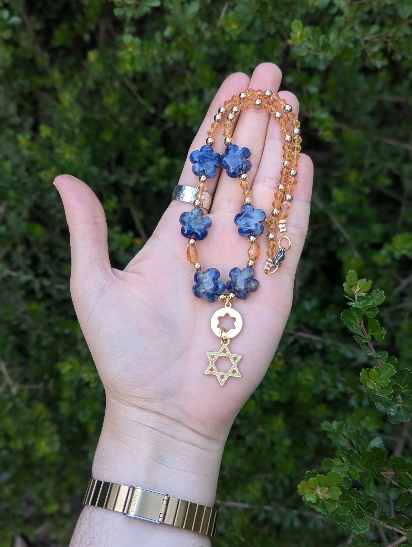 Blue Sodalite Gemstone Flowers and Double Magen David