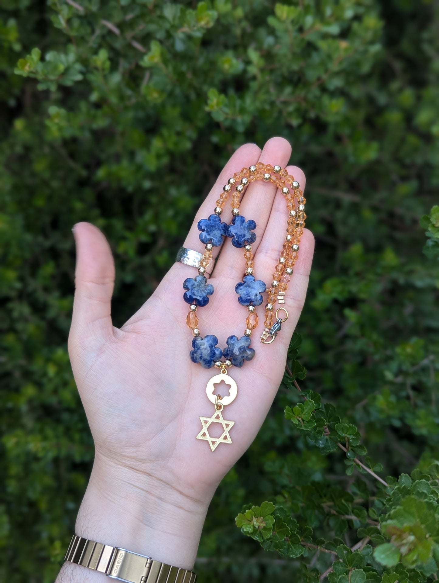 Blue Sodalite Gemstone Flowers and Double Magen David