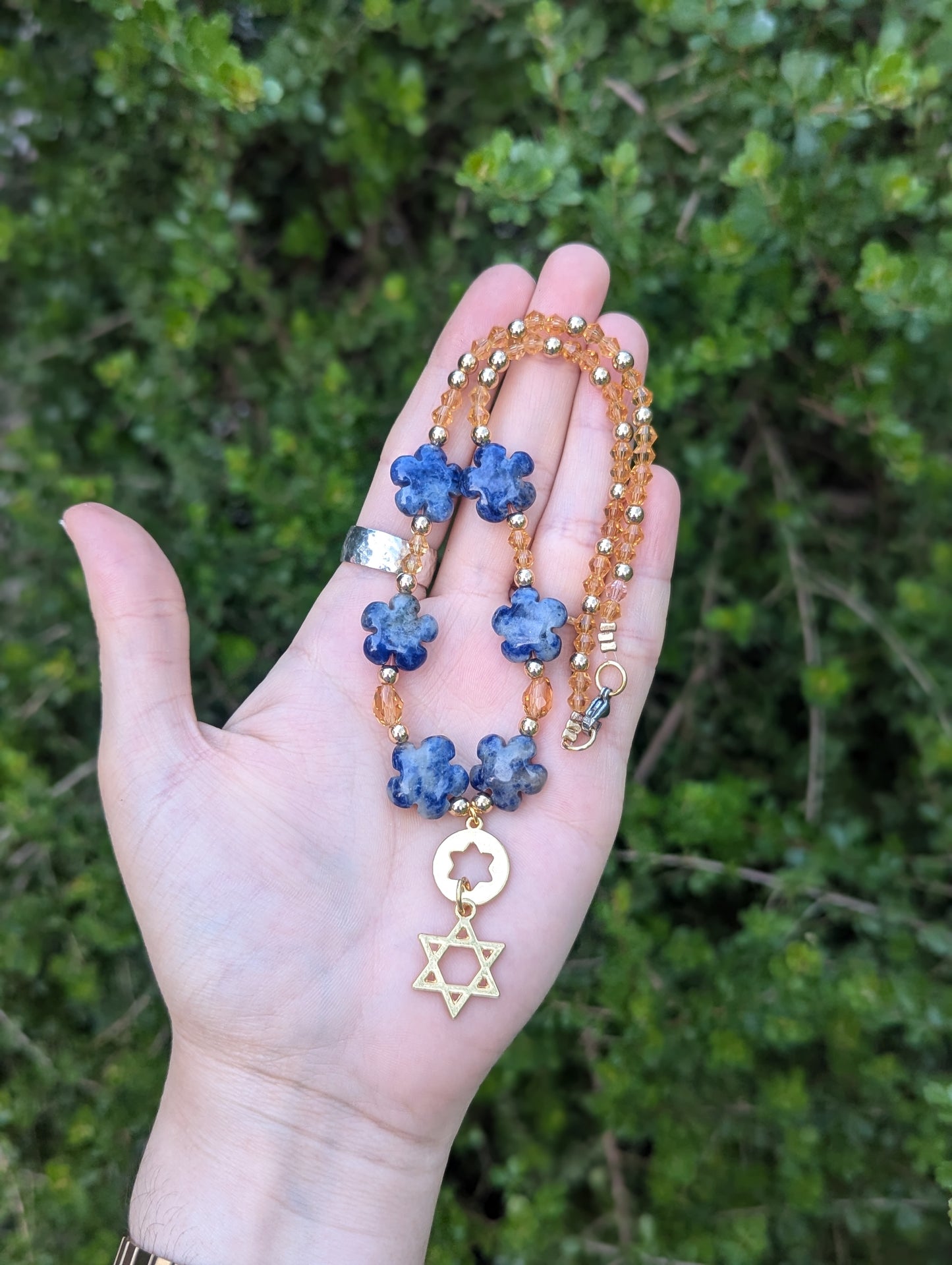 Blue Sodalite Gemstone Flowers and Double Magen David