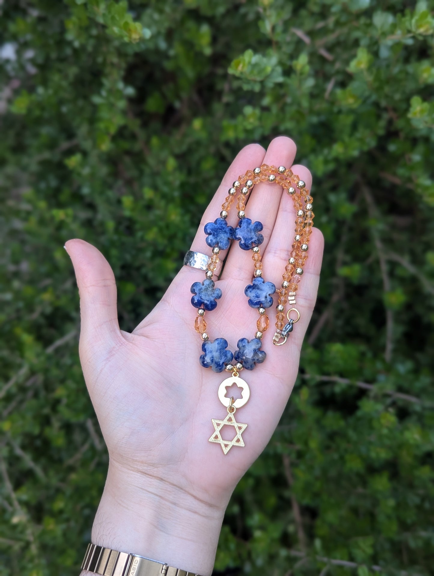 Blue Sodalite Gemstone Flowers and Double Magen David
