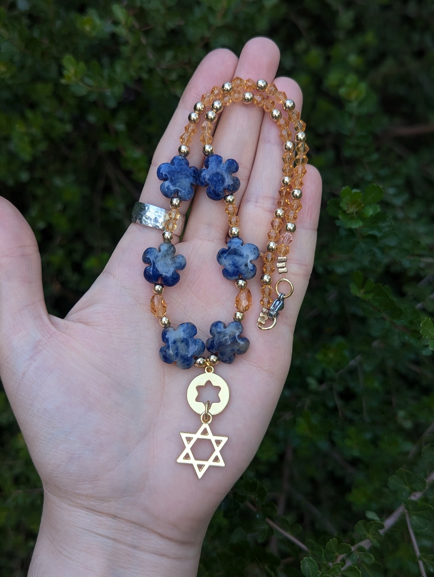 Blue Sodalite Gemstone Flowers and Double Magen David