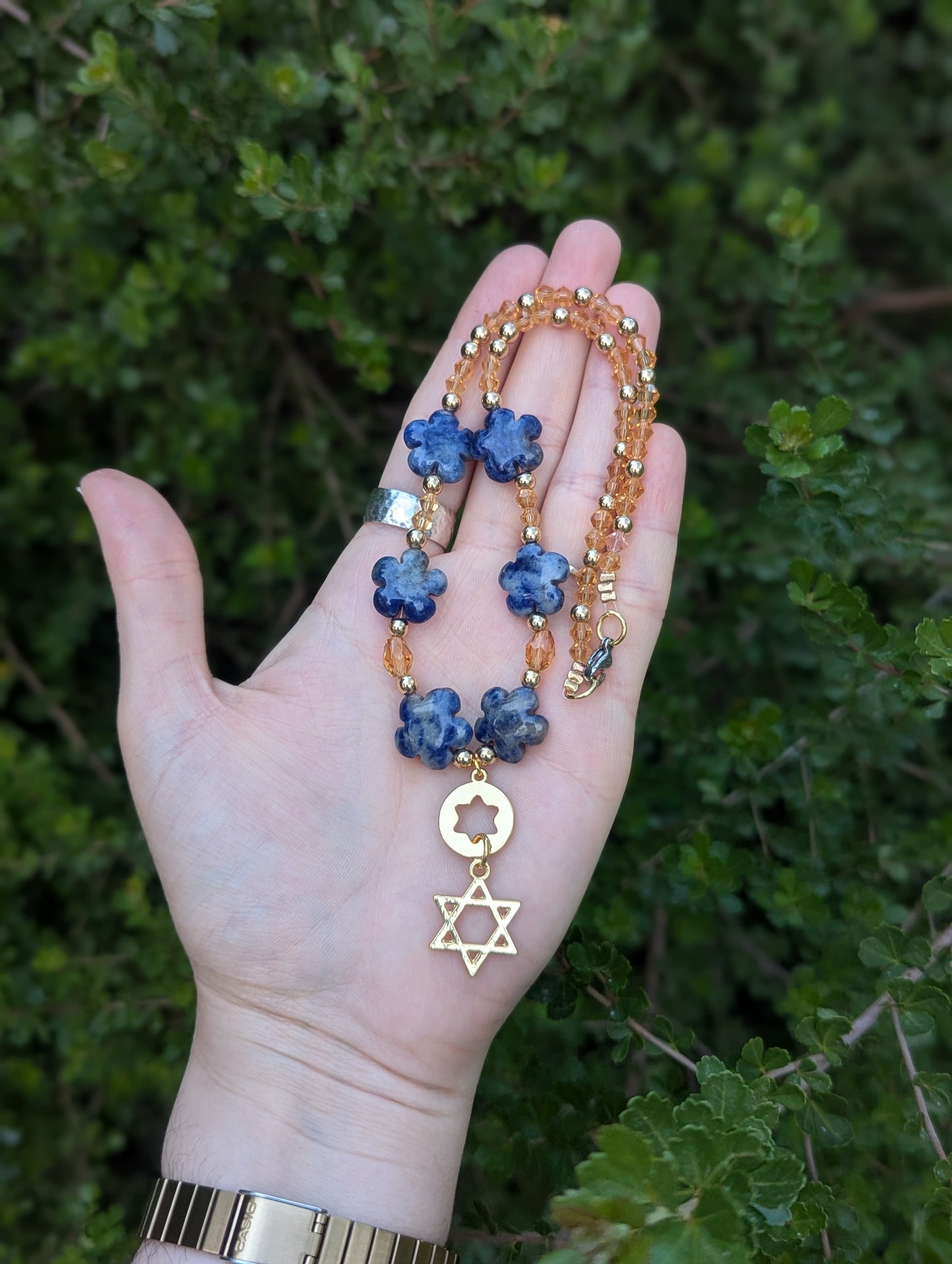 Blue Sodalite Gemstone Flowers and Double Magen David