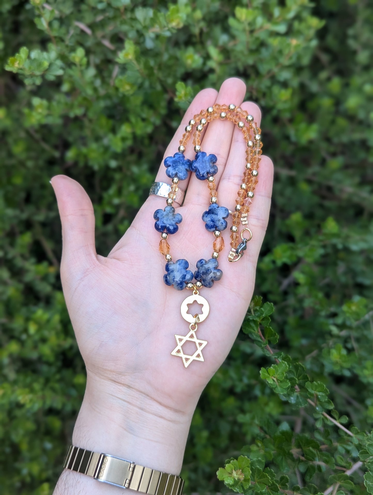 Blue Sodalite Gemstone Flowers and Double Magen David