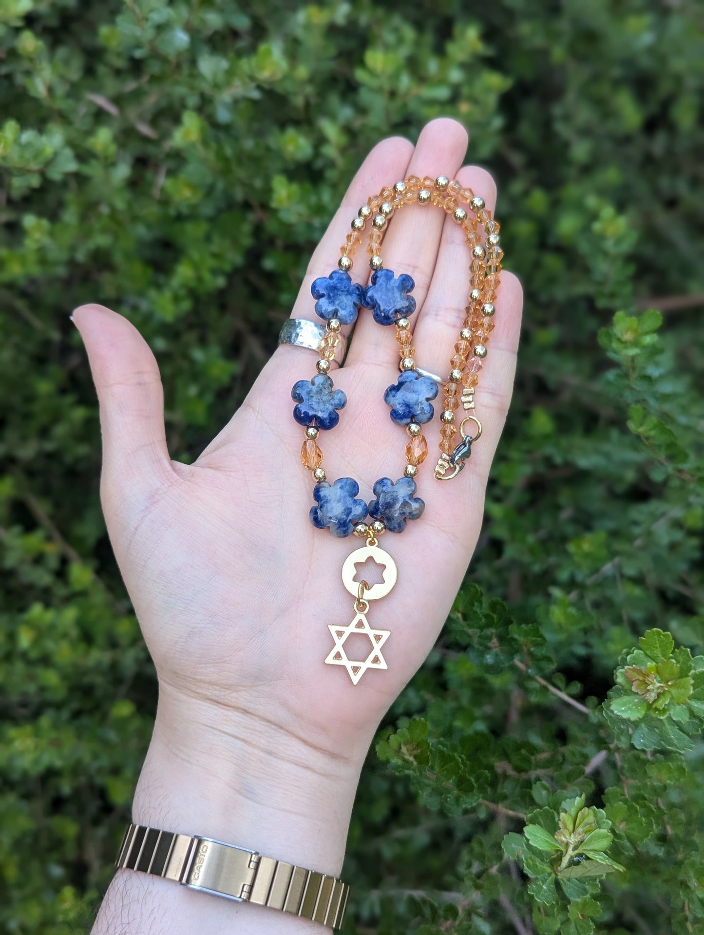 Blue Sodalite Gemstone Flowers and Double Magen David