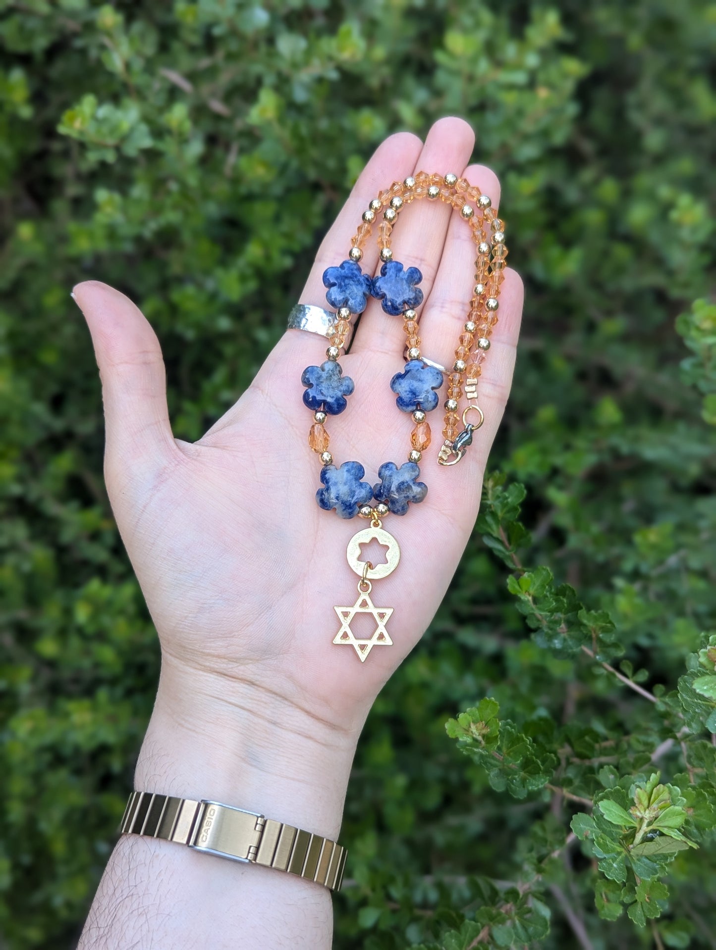 Blue Sodalite Gemstone Flowers and Double Magen David