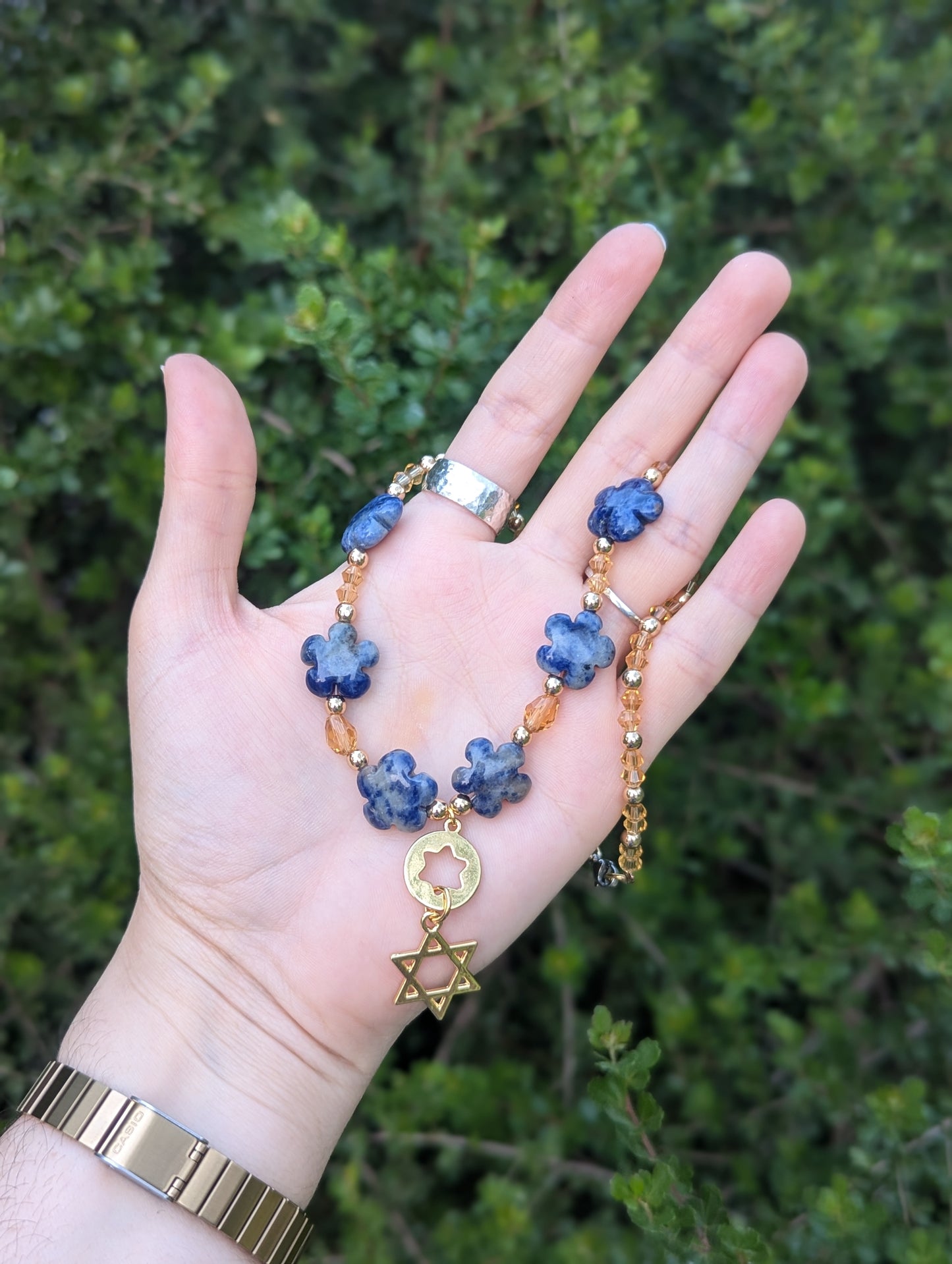 Blue Sodalite Gemstone Flowers and Double Magen David