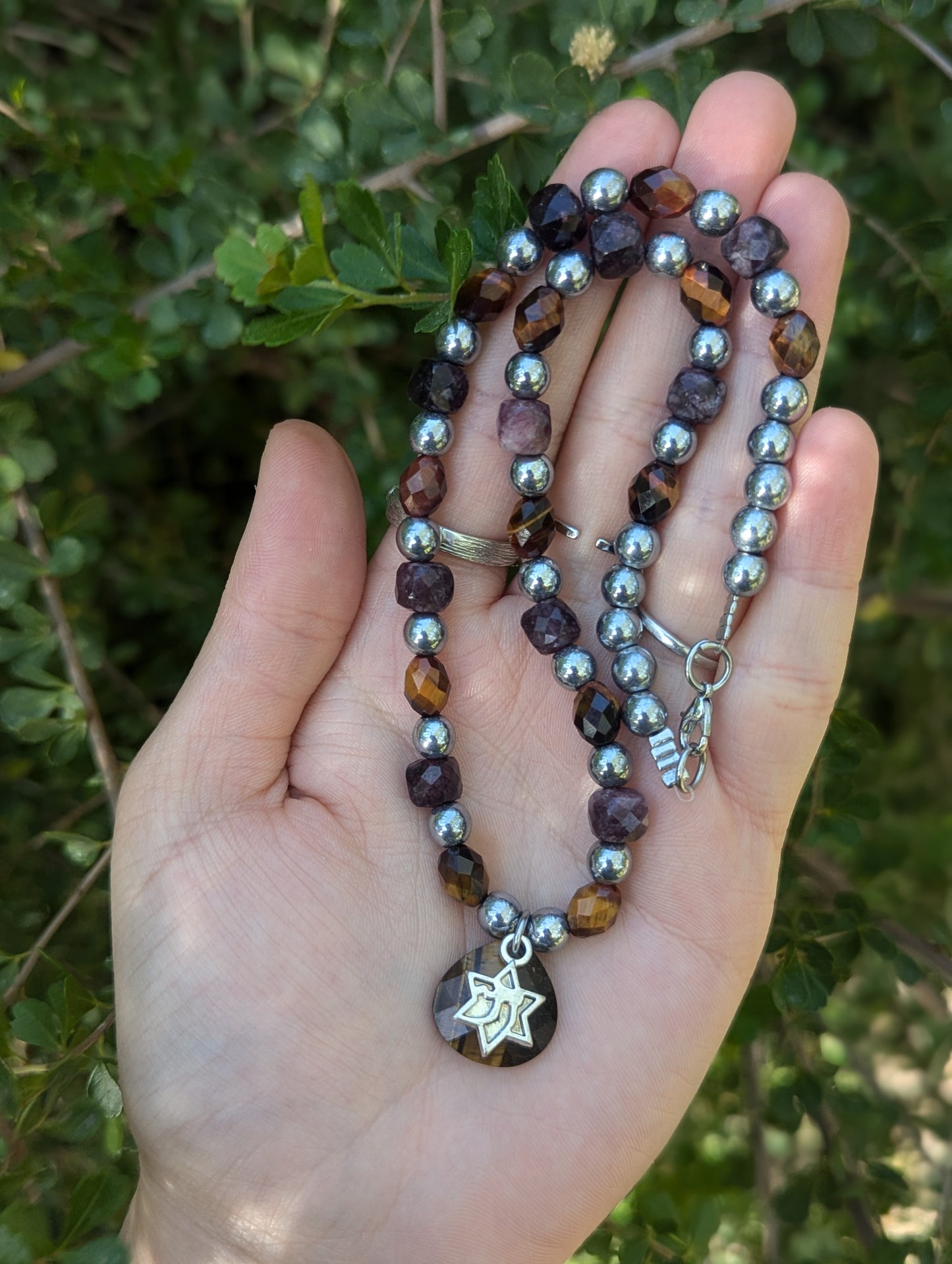 Tiger's Eye and Garnet Cubes Chai Magen David Necklace