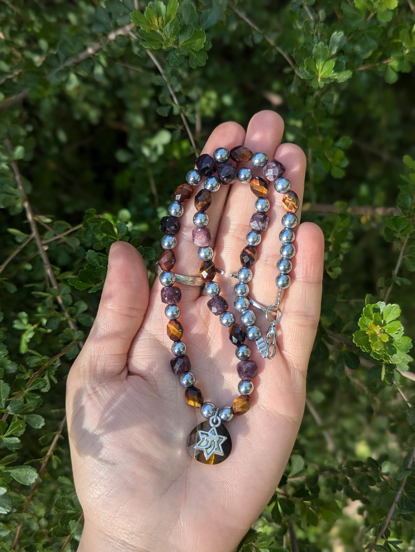 Tiger's Eye and Garnet Cubes Chai Magen David Necklace