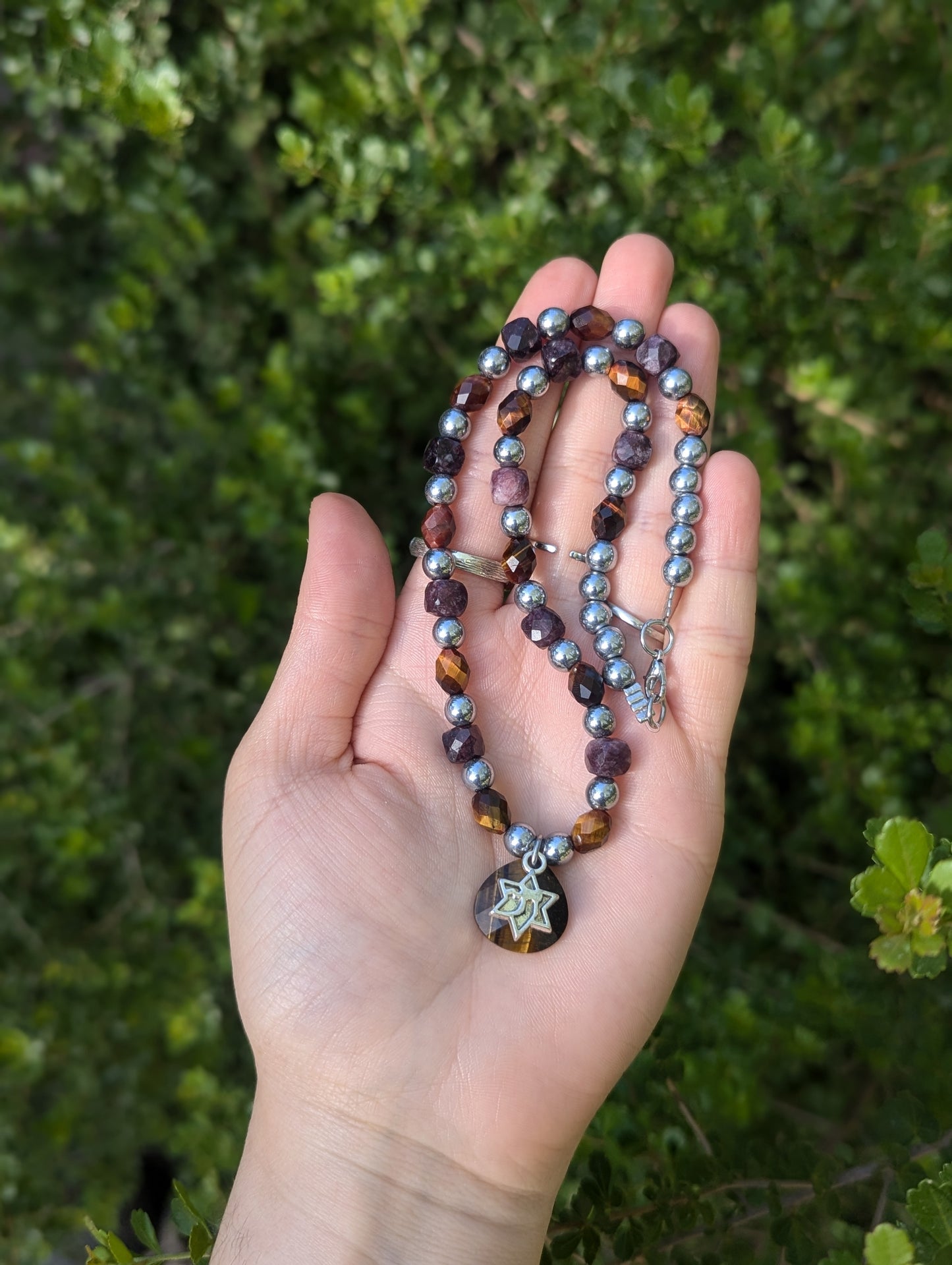 Tiger's Eye and Garnet Cubes Chai Magen David Necklace