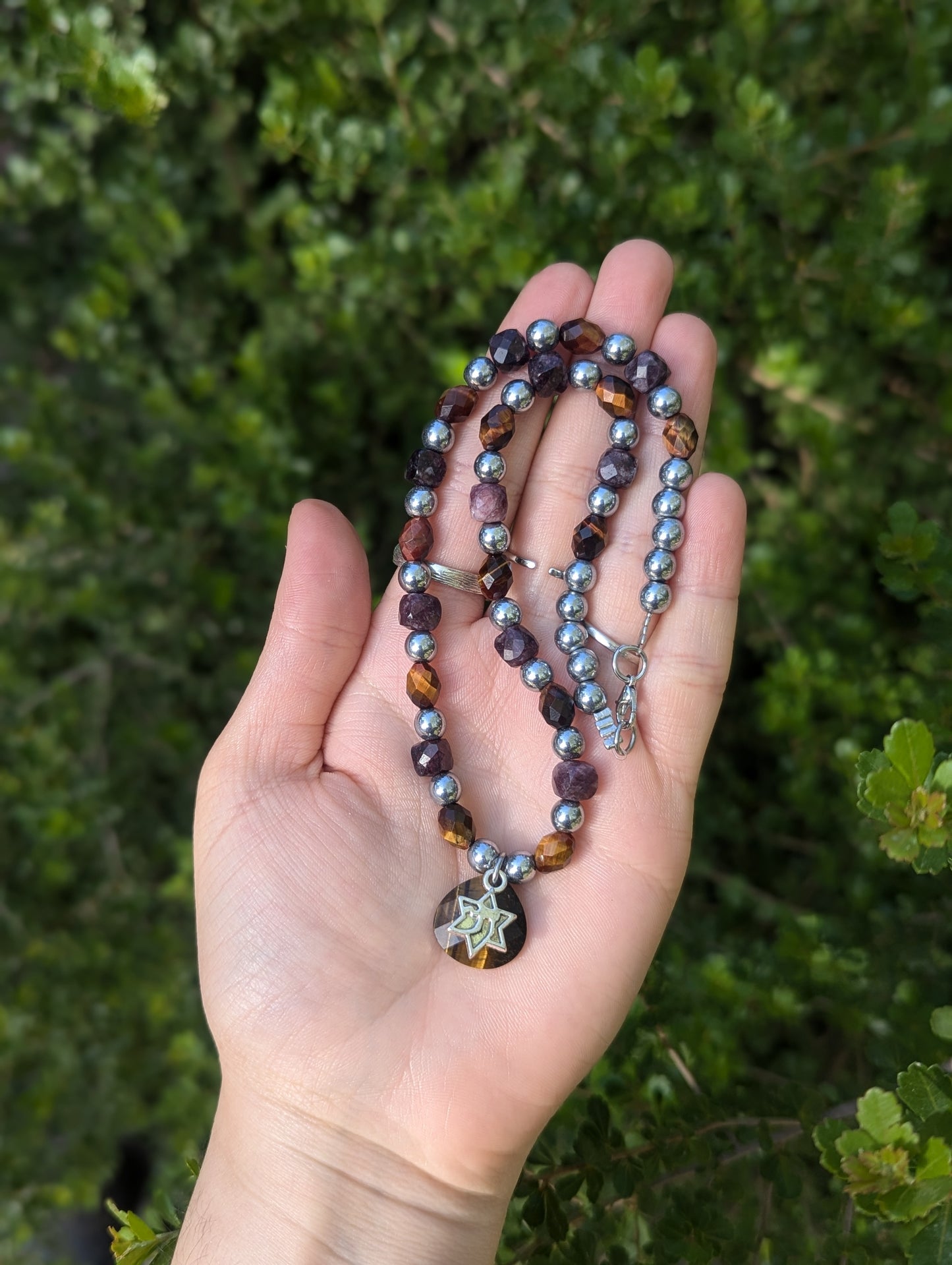 Tiger's Eye and Garnet Cubes Chai Magen David Necklace
